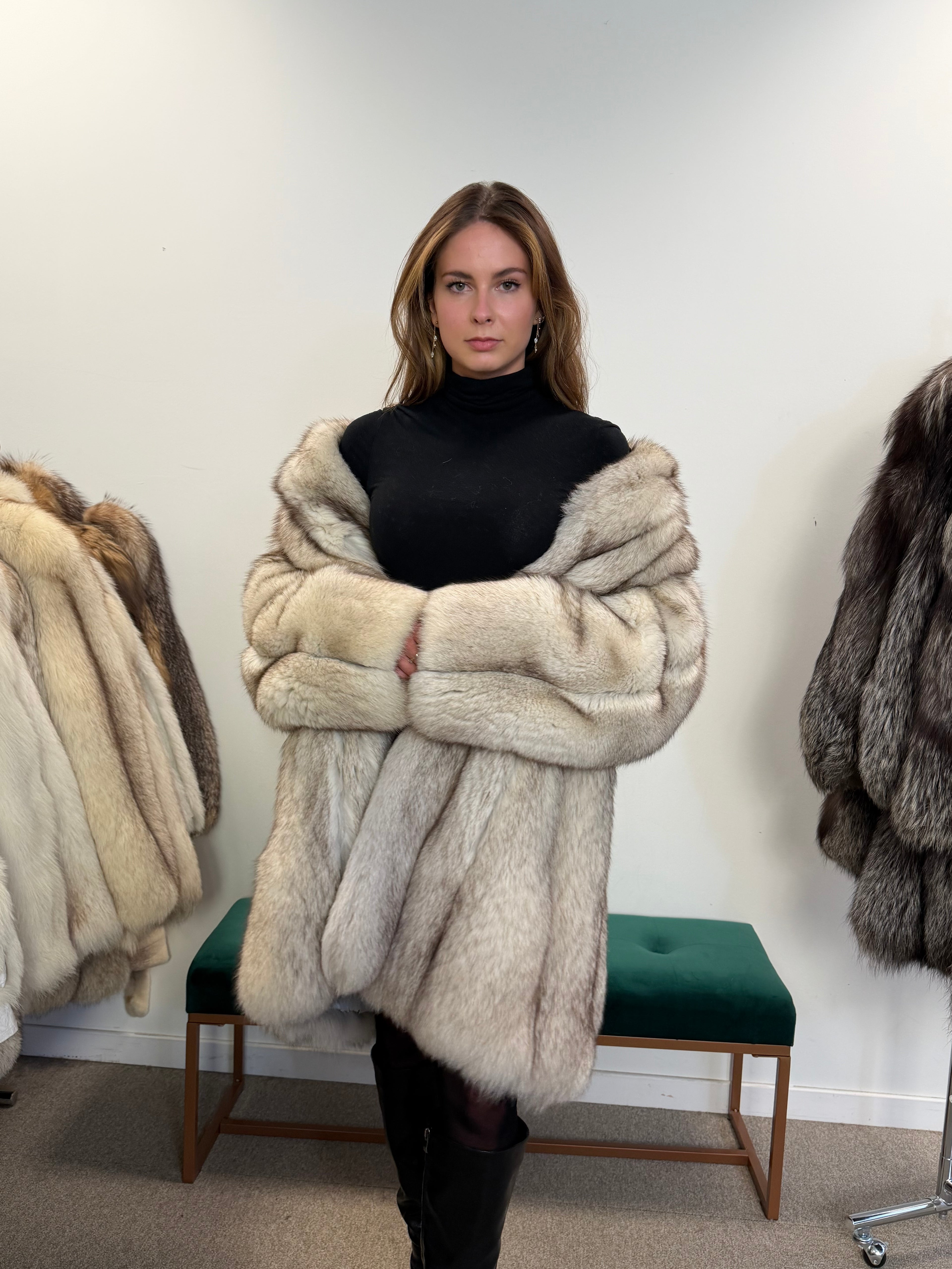 White Nordic Fox Fur Coat, Size XL