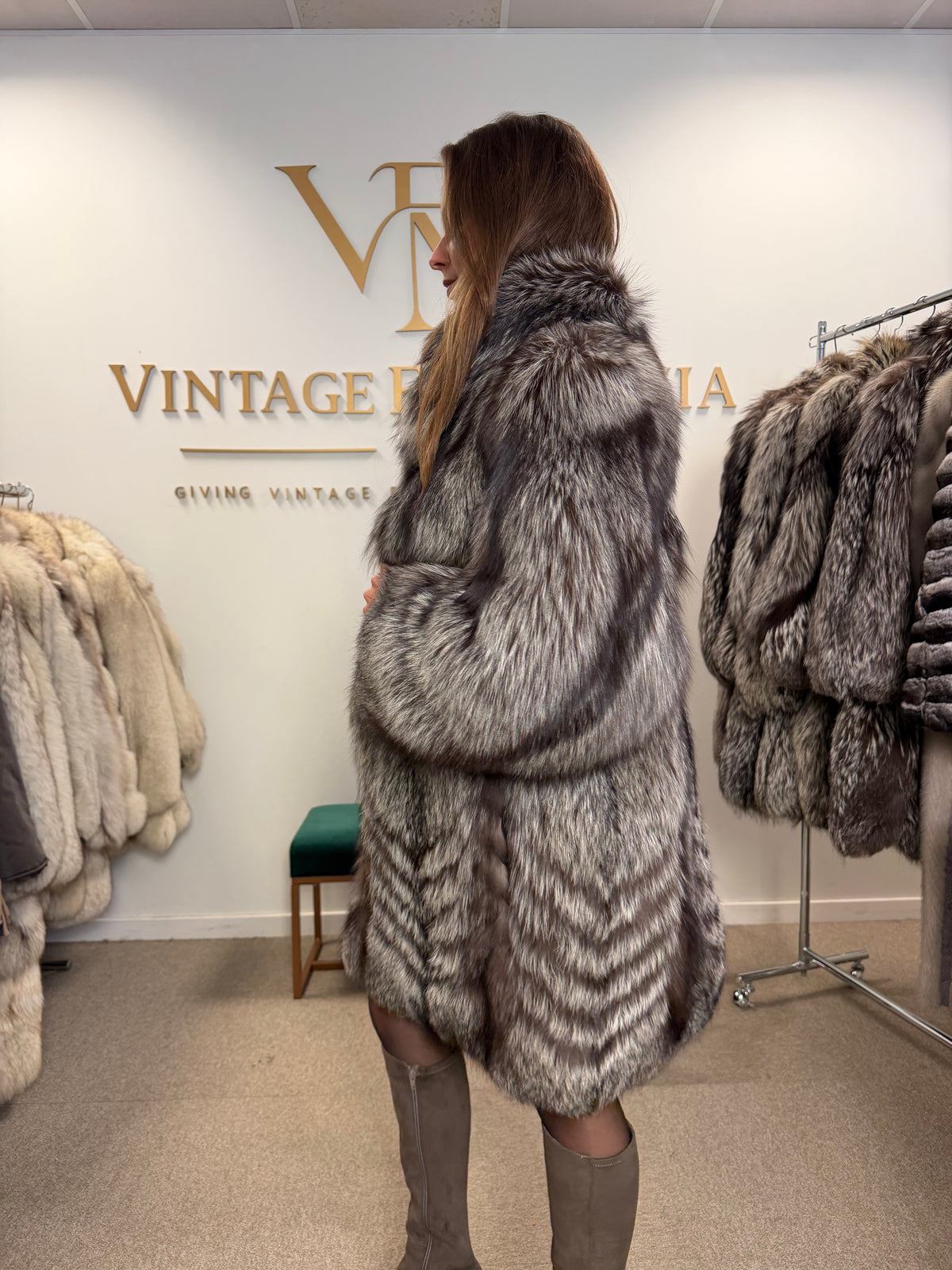 Silver Fox Fur Coat, Medium, Trimmed, Luxury