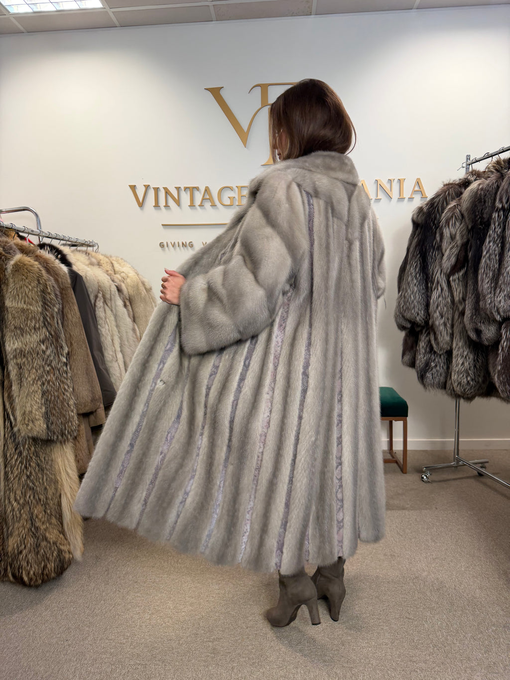 Grey Mink Fur Coat, Swinger, Full Length, Fits up to 5XL