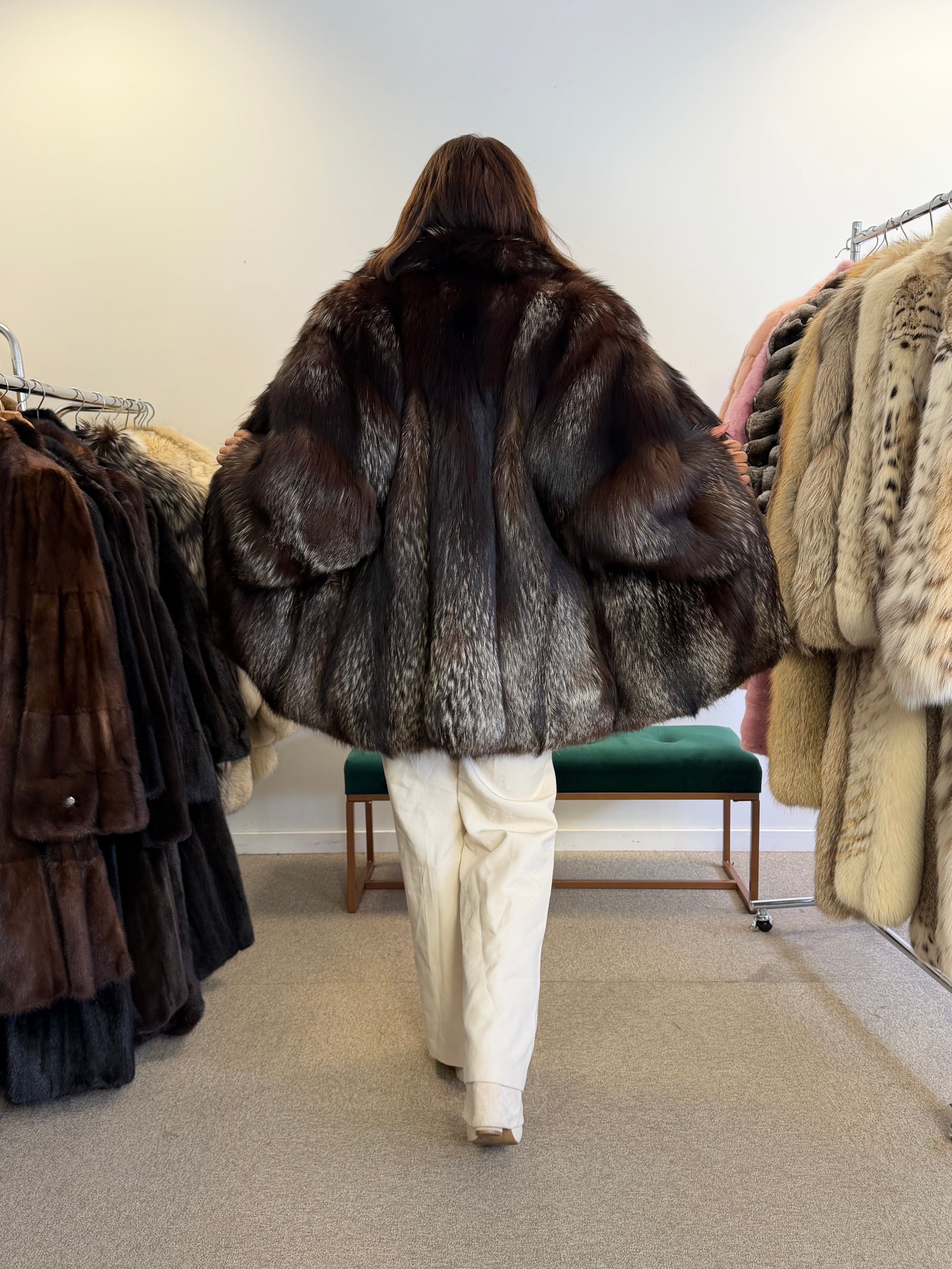Silver Fox Fur Coat, Dark, Size XL