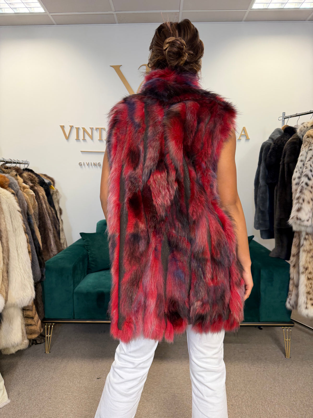 Red Dyed Fox Fur Vest, XL