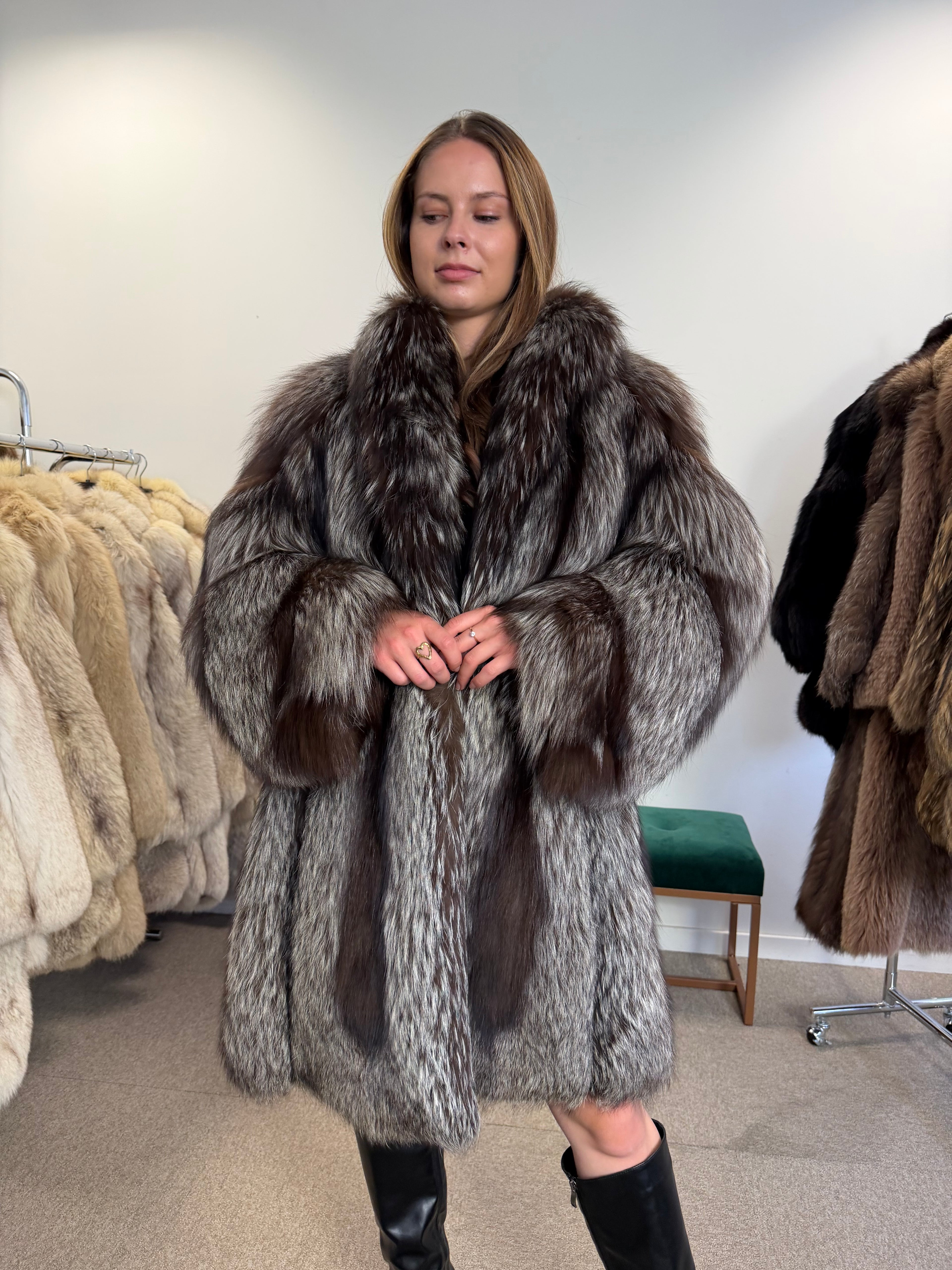 Real Silver Fox Fur Coat, Knee Length, Size L