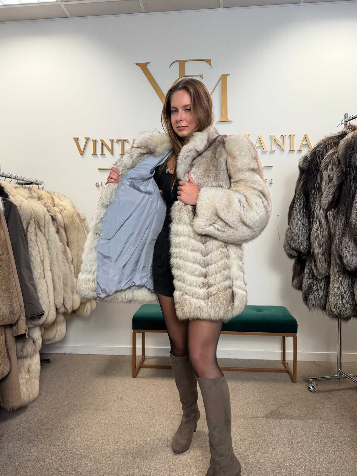 White Fox Fur Coat, Medium, Trimmed
