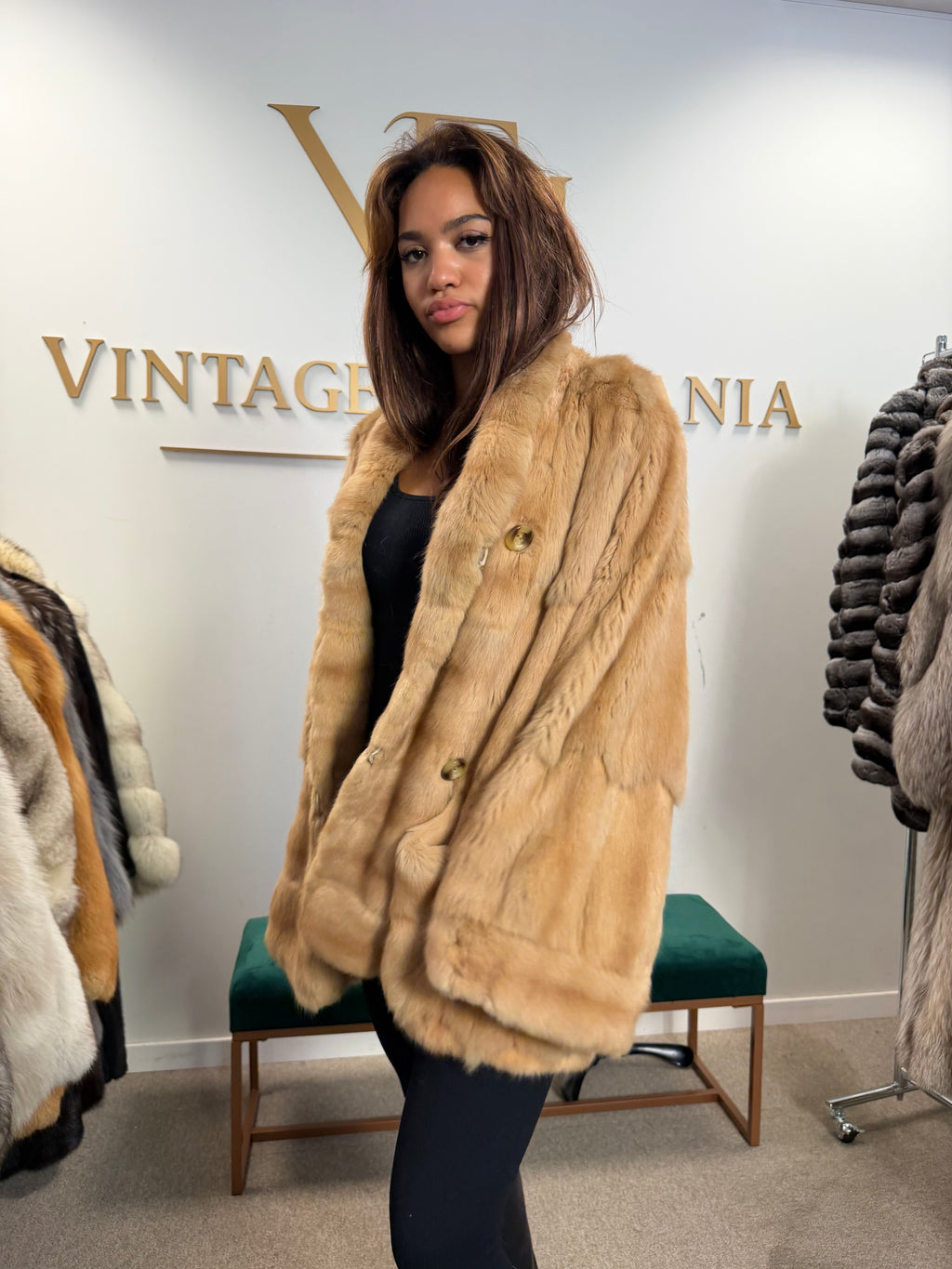 Cream Beige Feh Fur Coat, Butterfly Style, XL