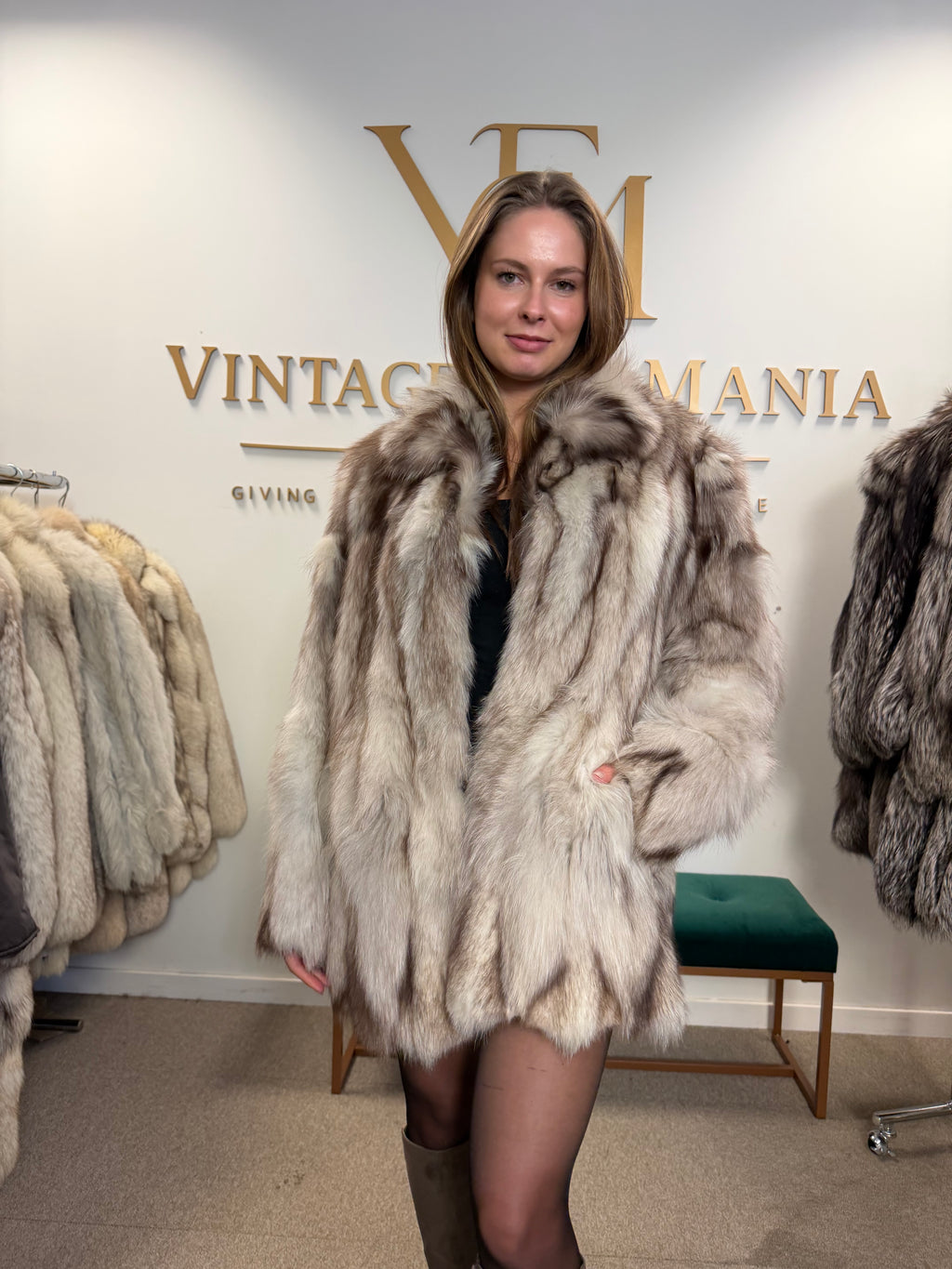 White Fox Fur Coat, Medium, Pieced, Light Weight