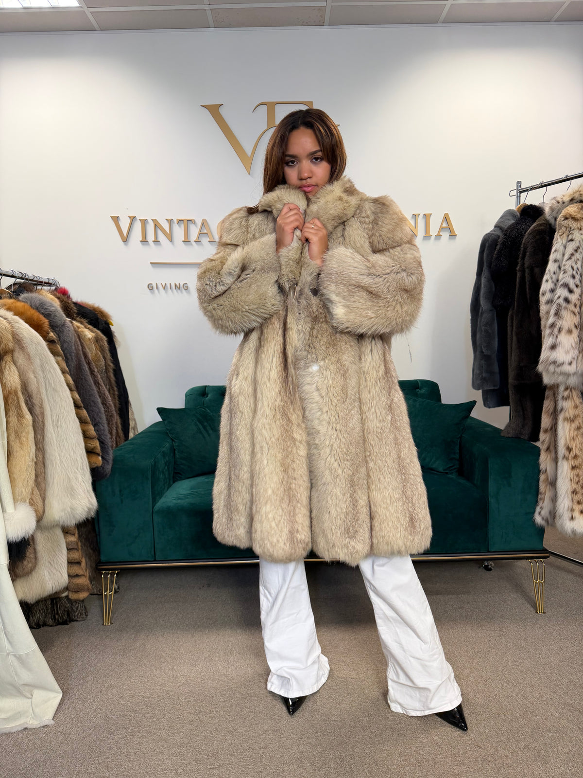 White Nordic Fox Fur Coat, Large, Outlet
