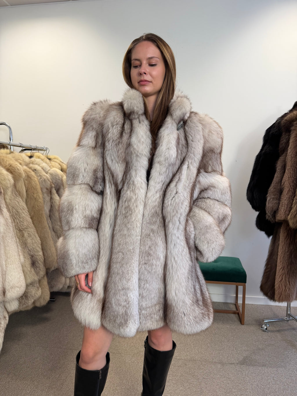Blue Fox Fur Coat, Bright White, Size M