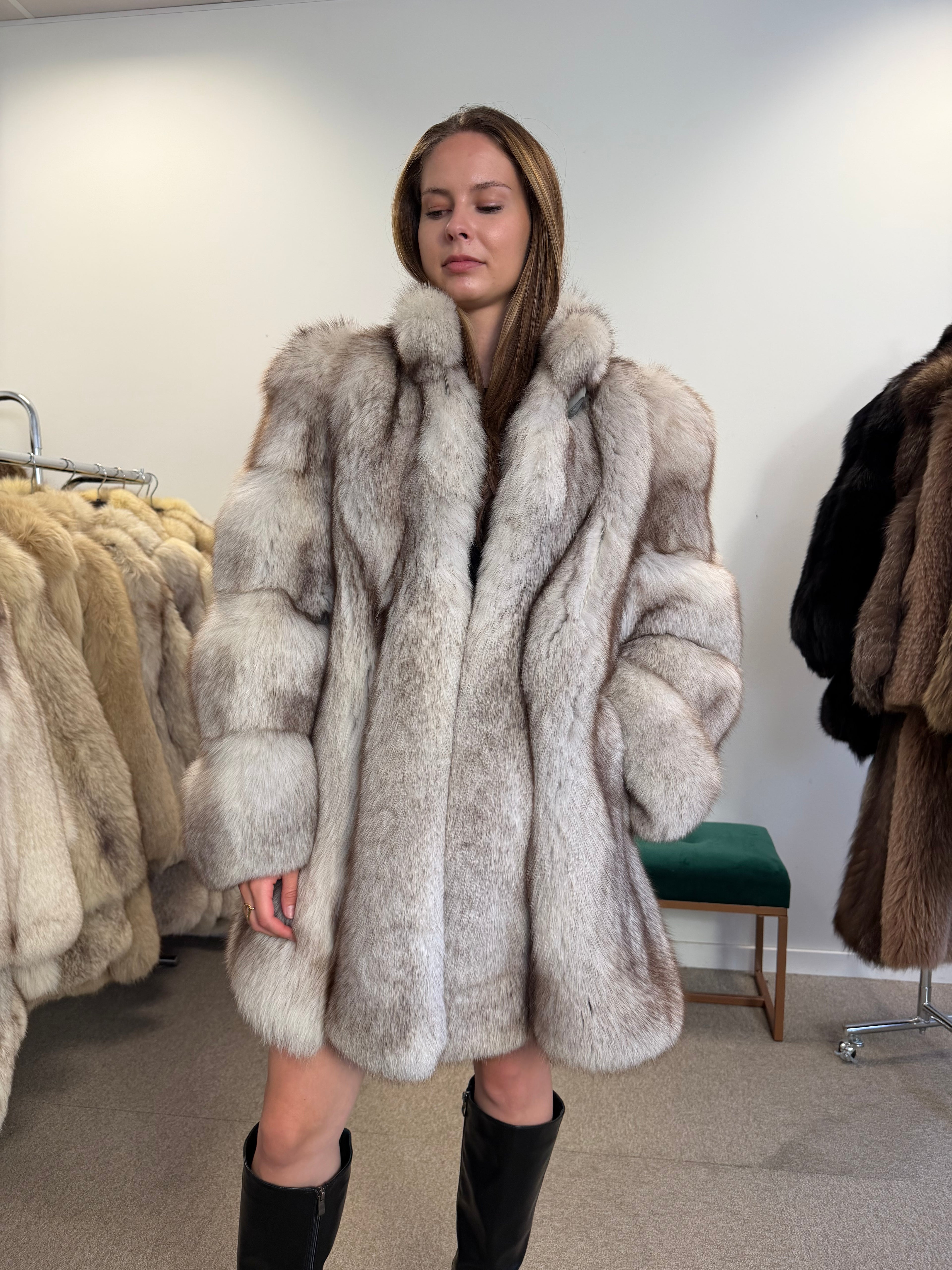 Real White Blue Fox Fur Coat, Bright White, Size M
