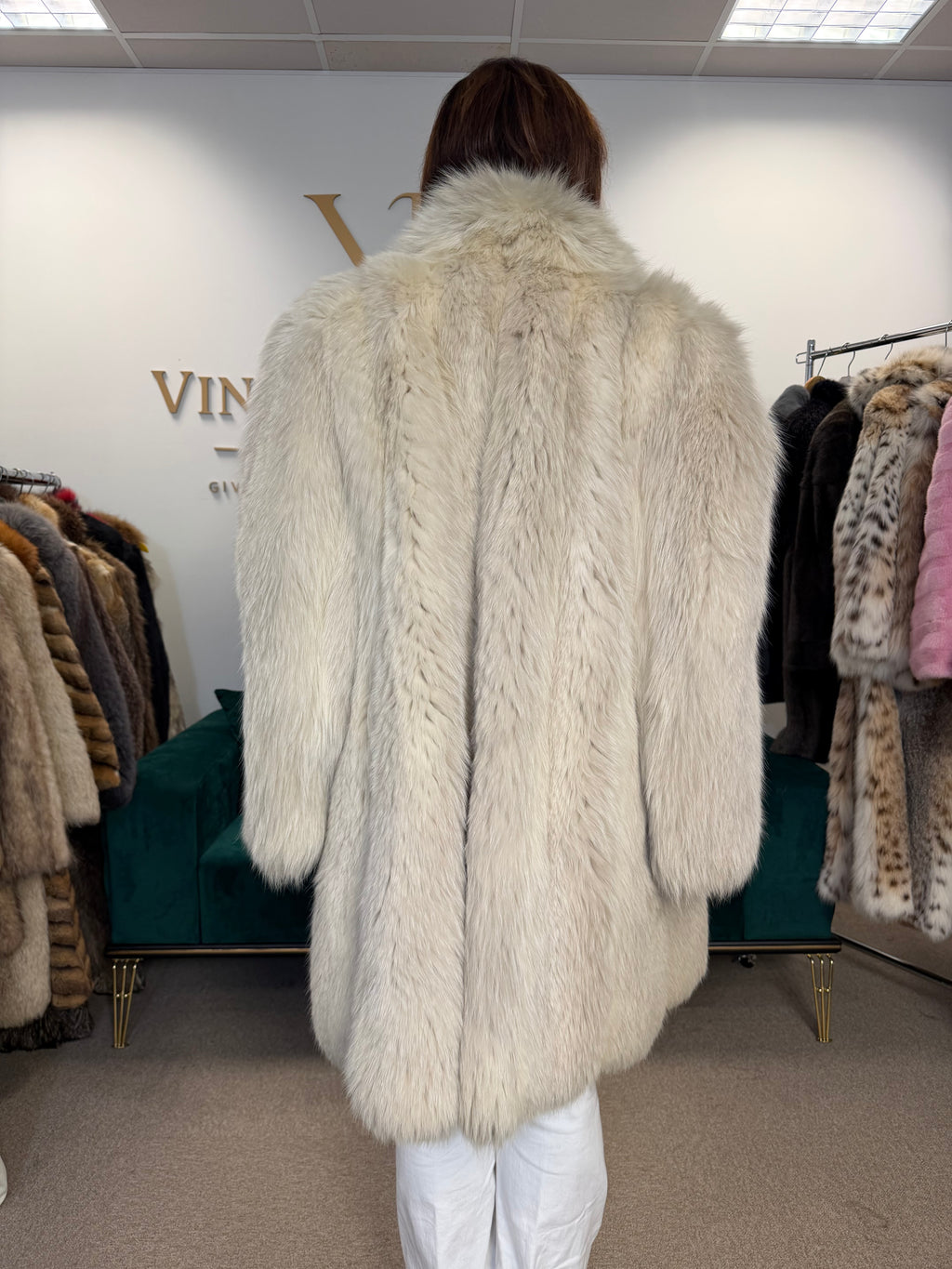 White Nordic Fox Fur Coat, One Size up to 4XL, Open Front