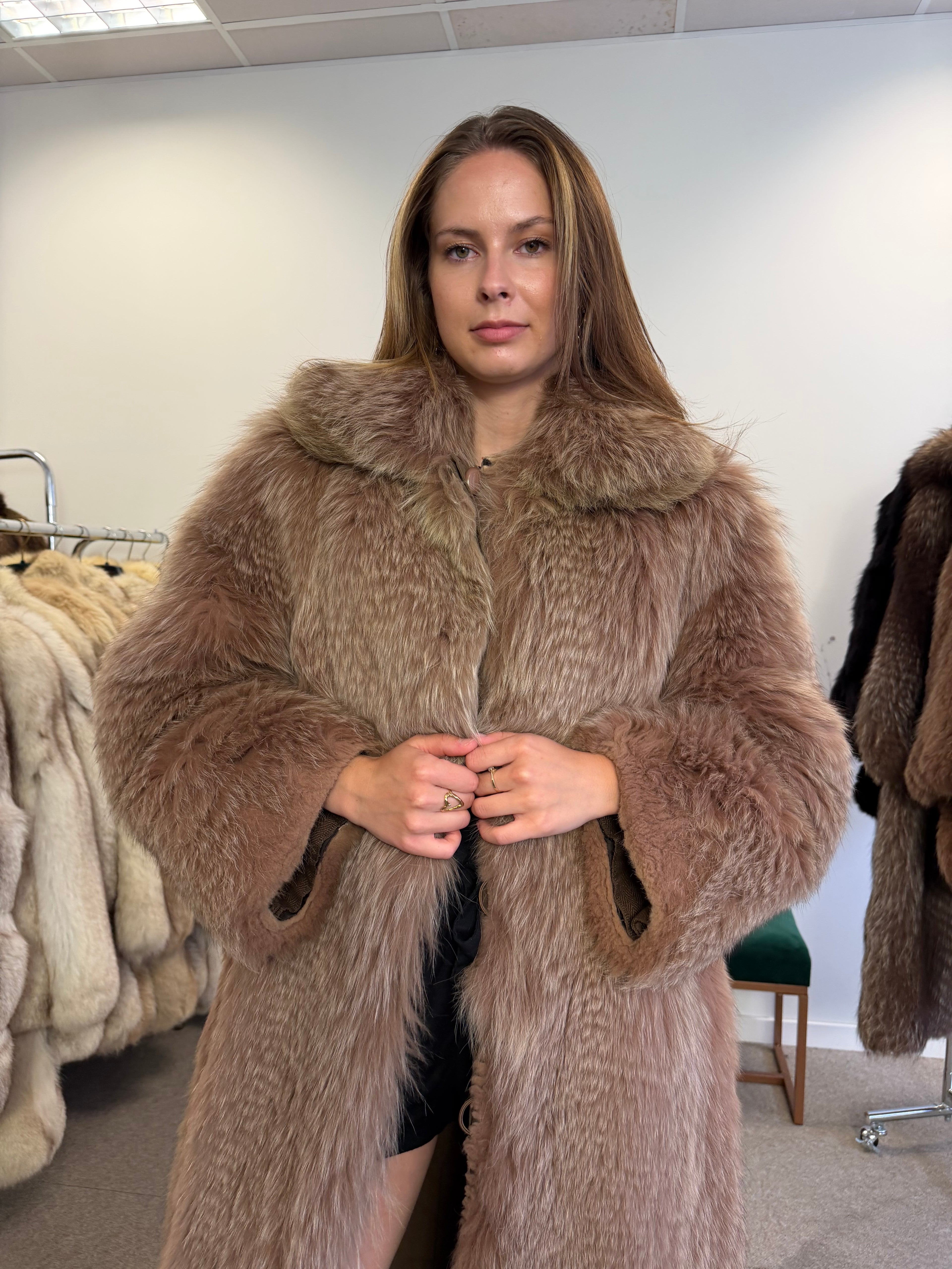 Fox Fur Coat, Brown, Full Length, Reversible, Size L