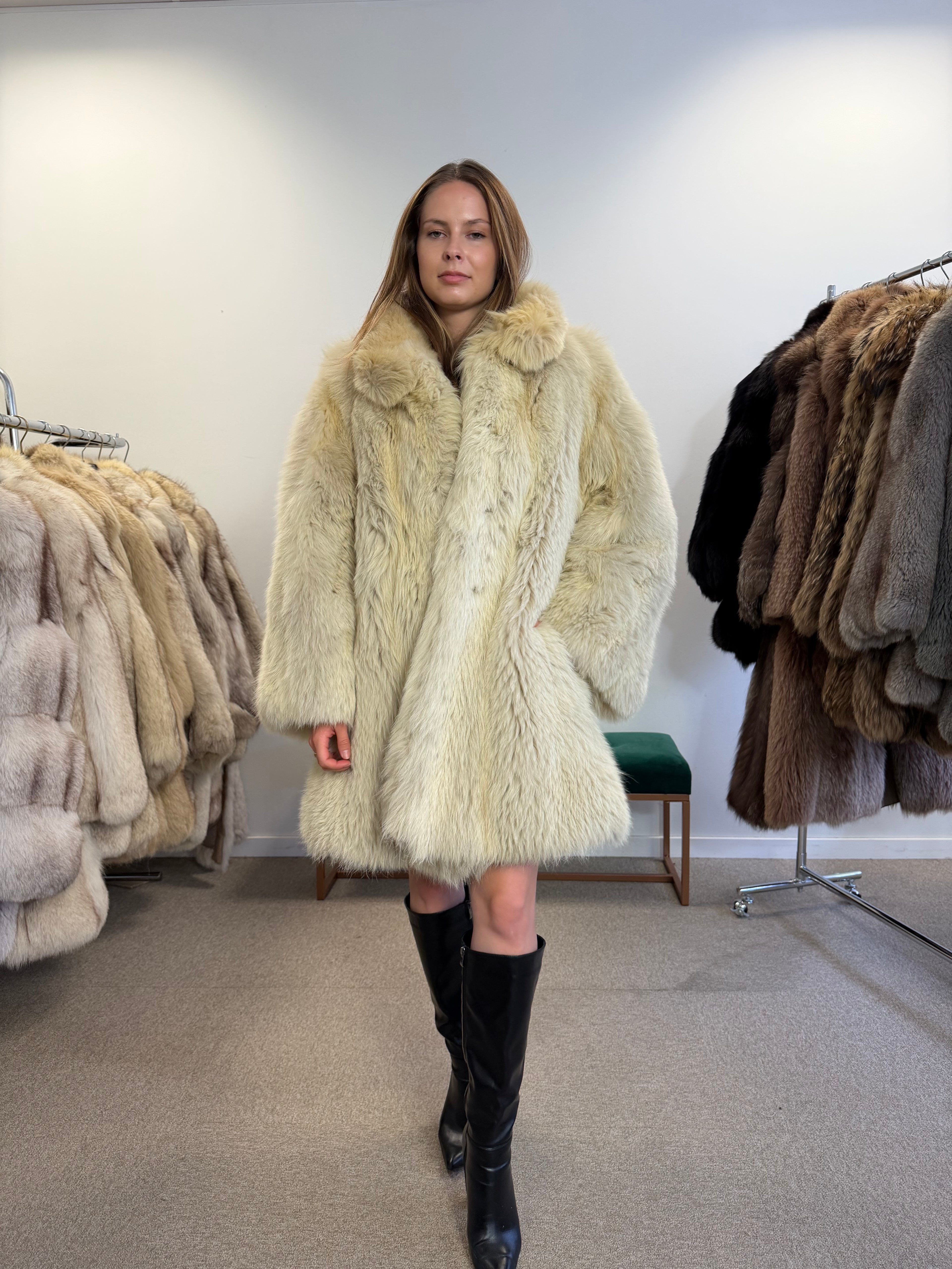 Fox Fur Coat, White, Size XL