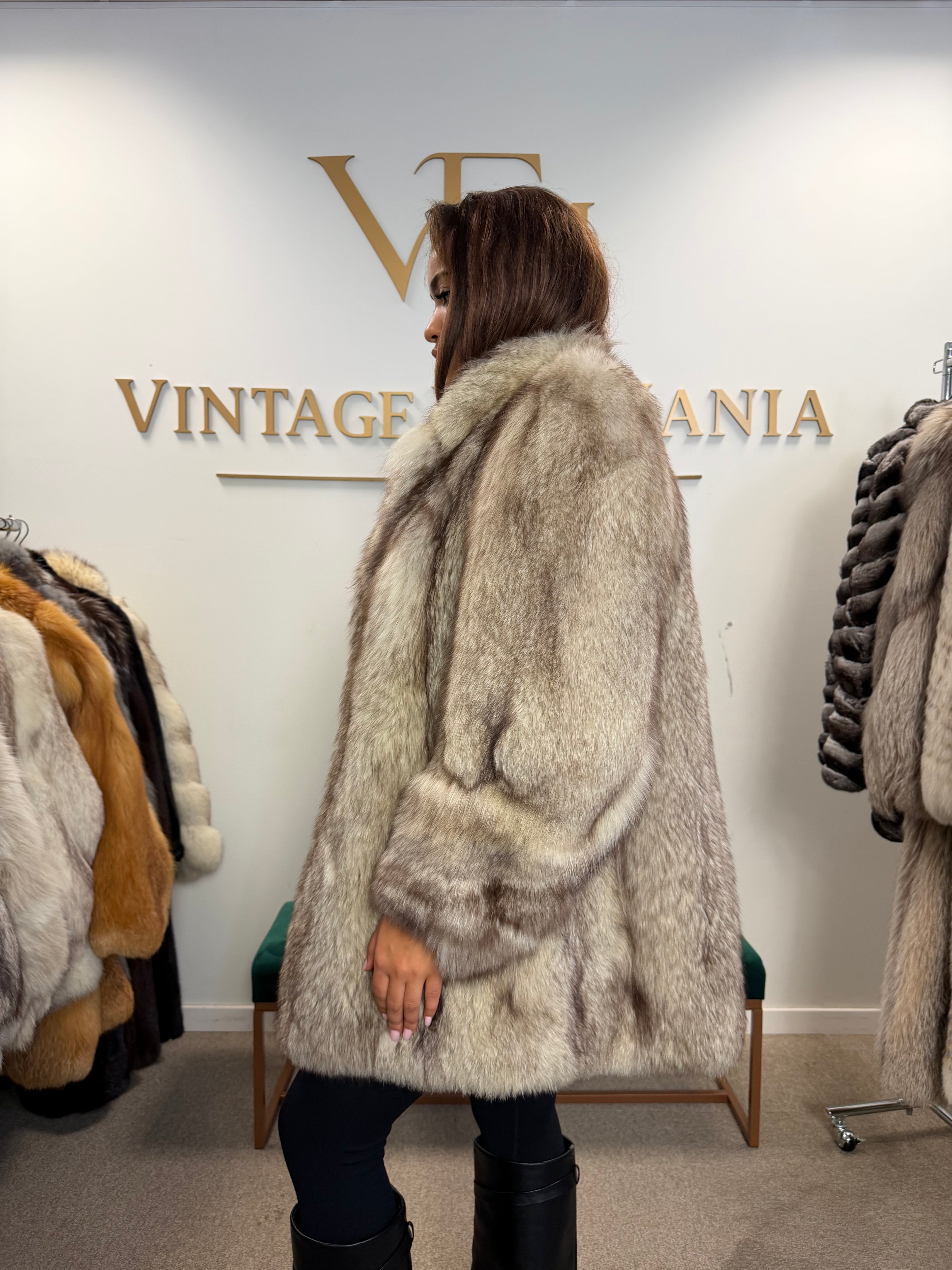 White Blue Fox Fur Coat, Dark Reflection, Medium