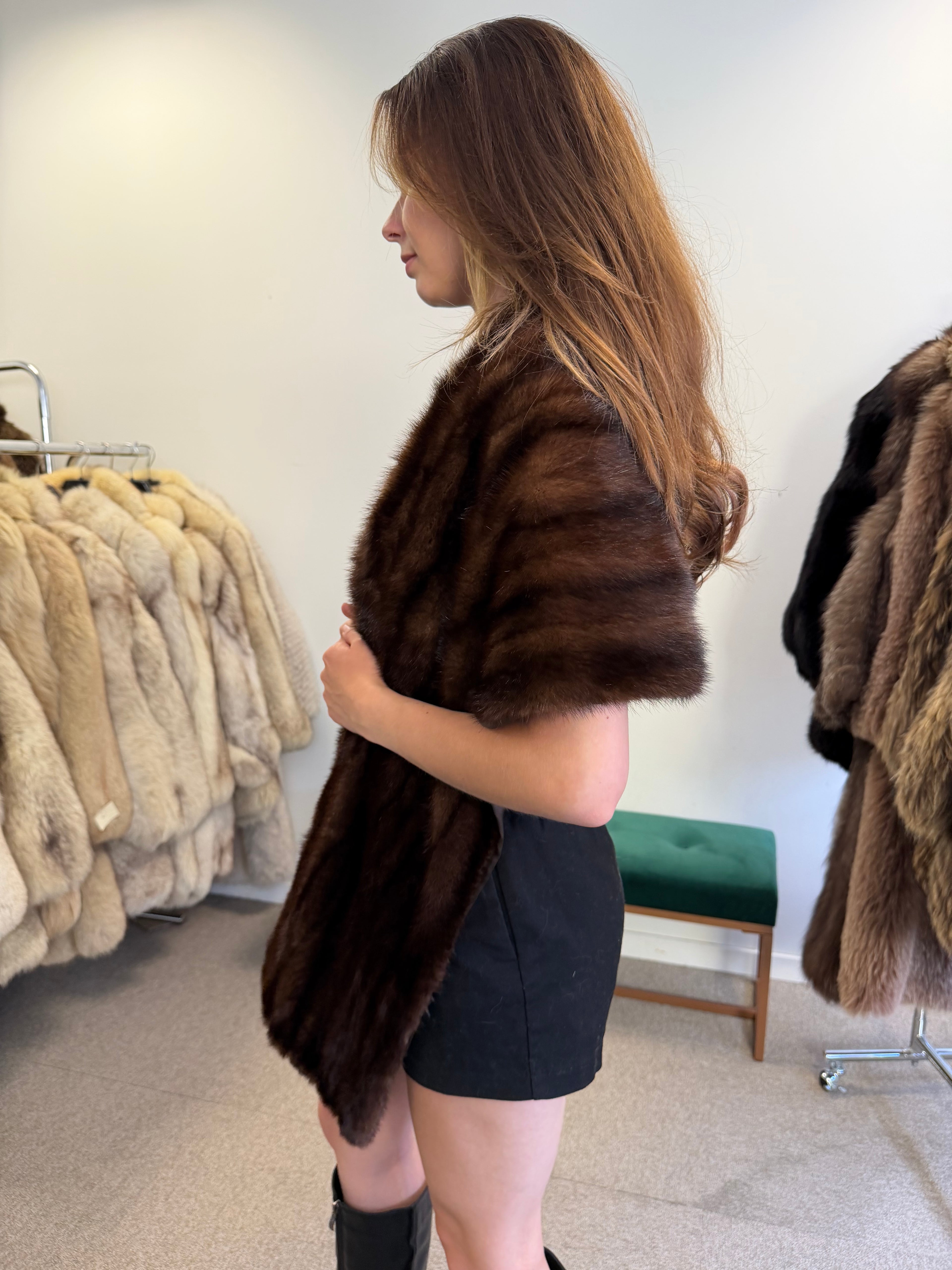 Mink Fur Stole, Dark Brown, Thick 200 cm