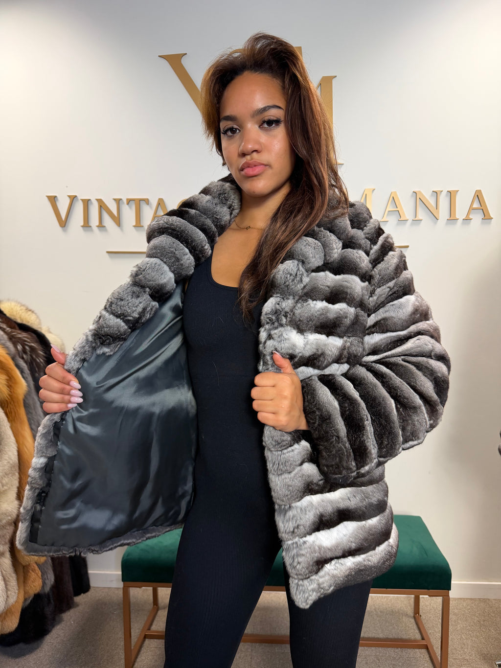 Chinchilla Fur Jacket, Grey, Medium, New Handmade