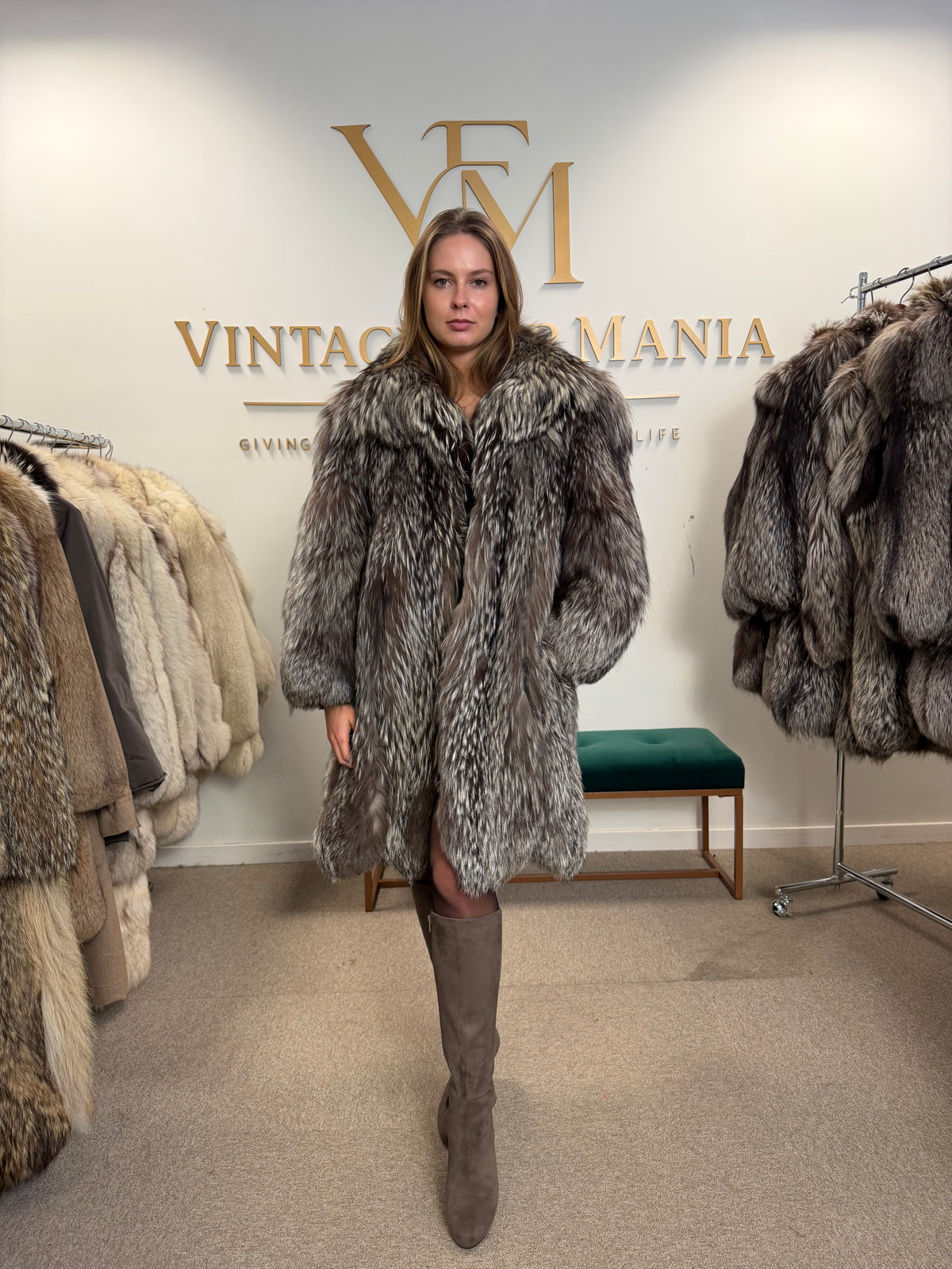 Silver Fox Fur Coat, Large, SAGA, Swinger, Trimmed