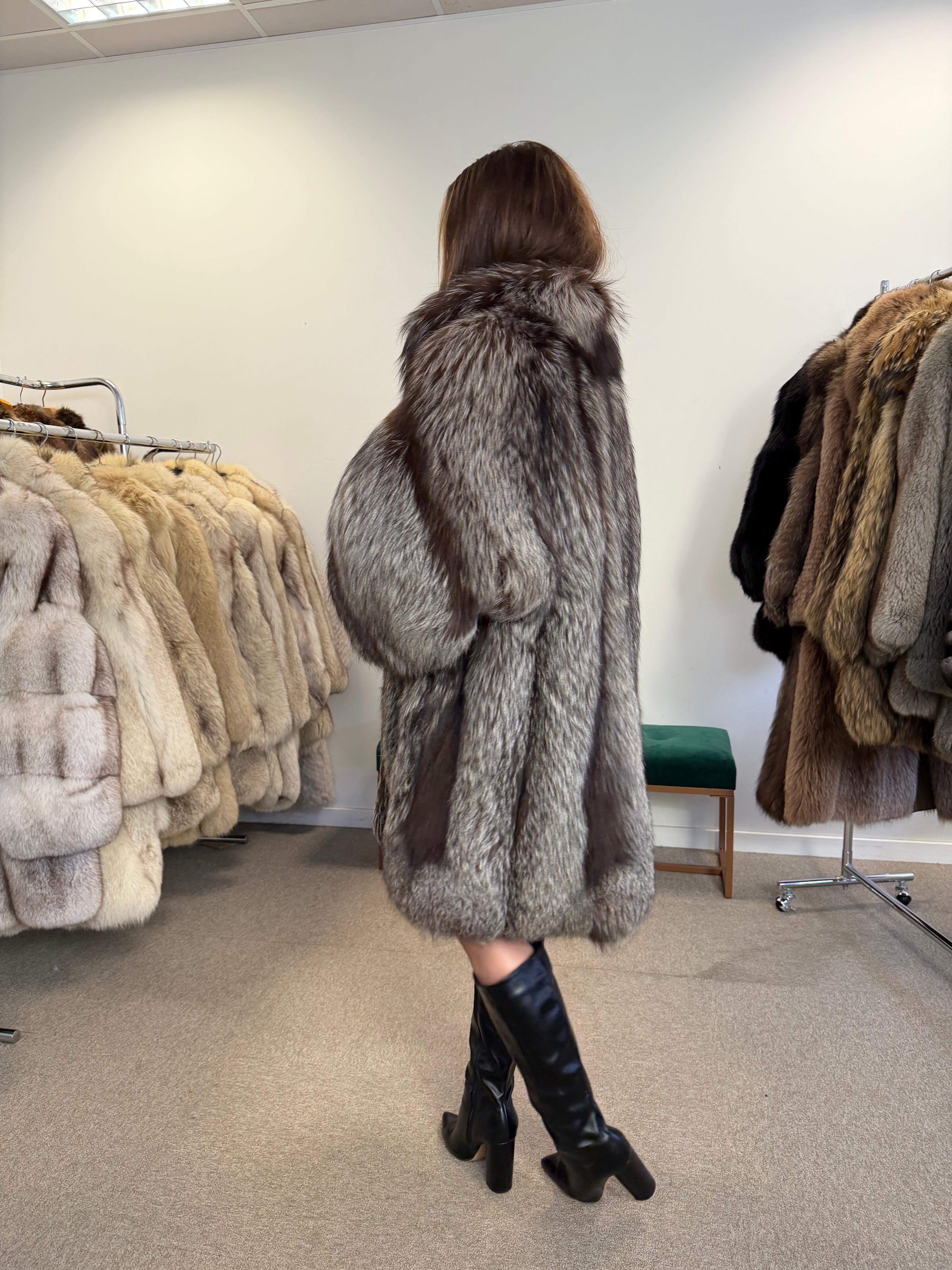 Real Silver Fox Fur Coat, Knee Length, Size L