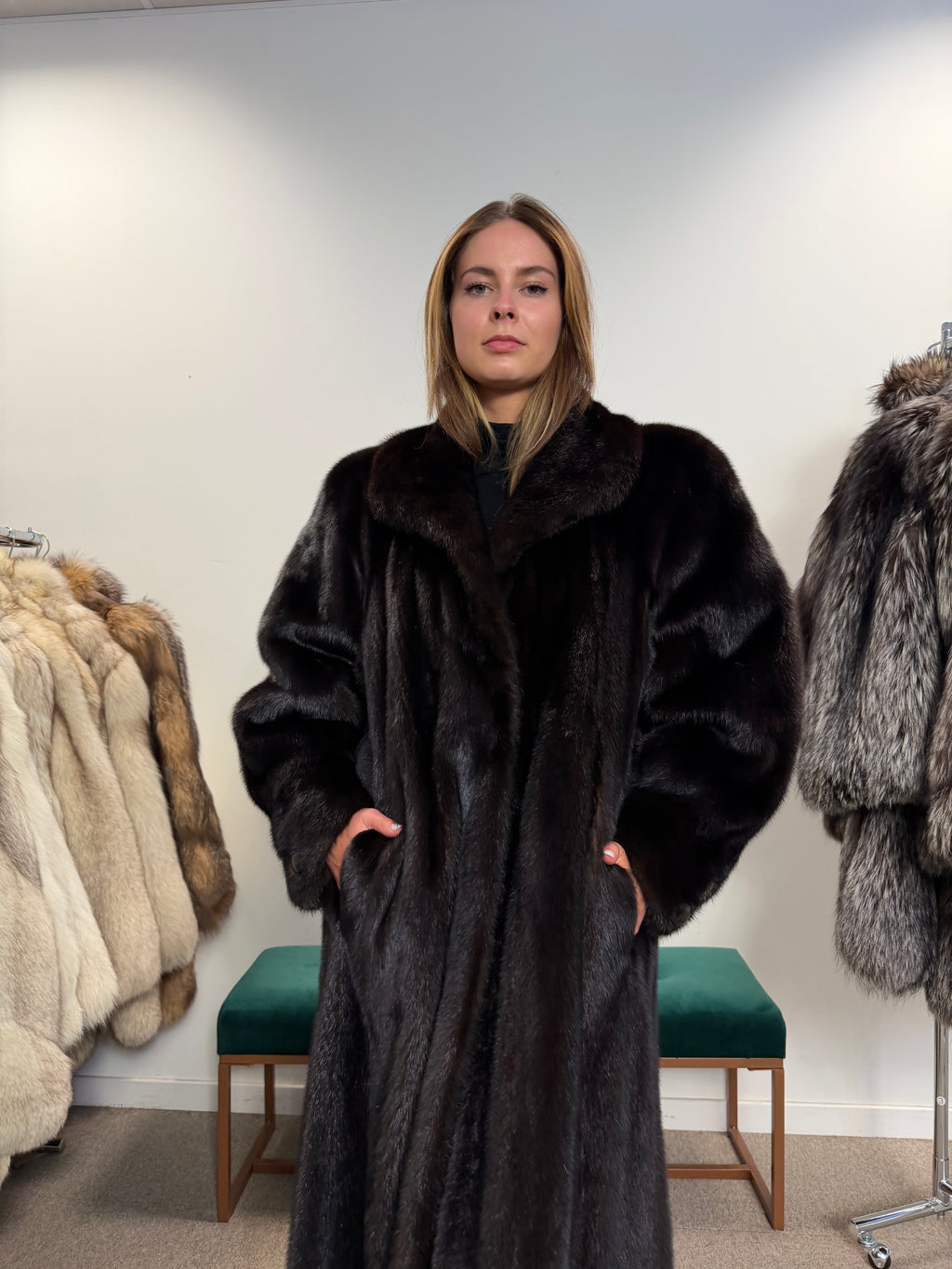 Luxury Mink Fur Coat, Dark Brown, Extra Long, Size L