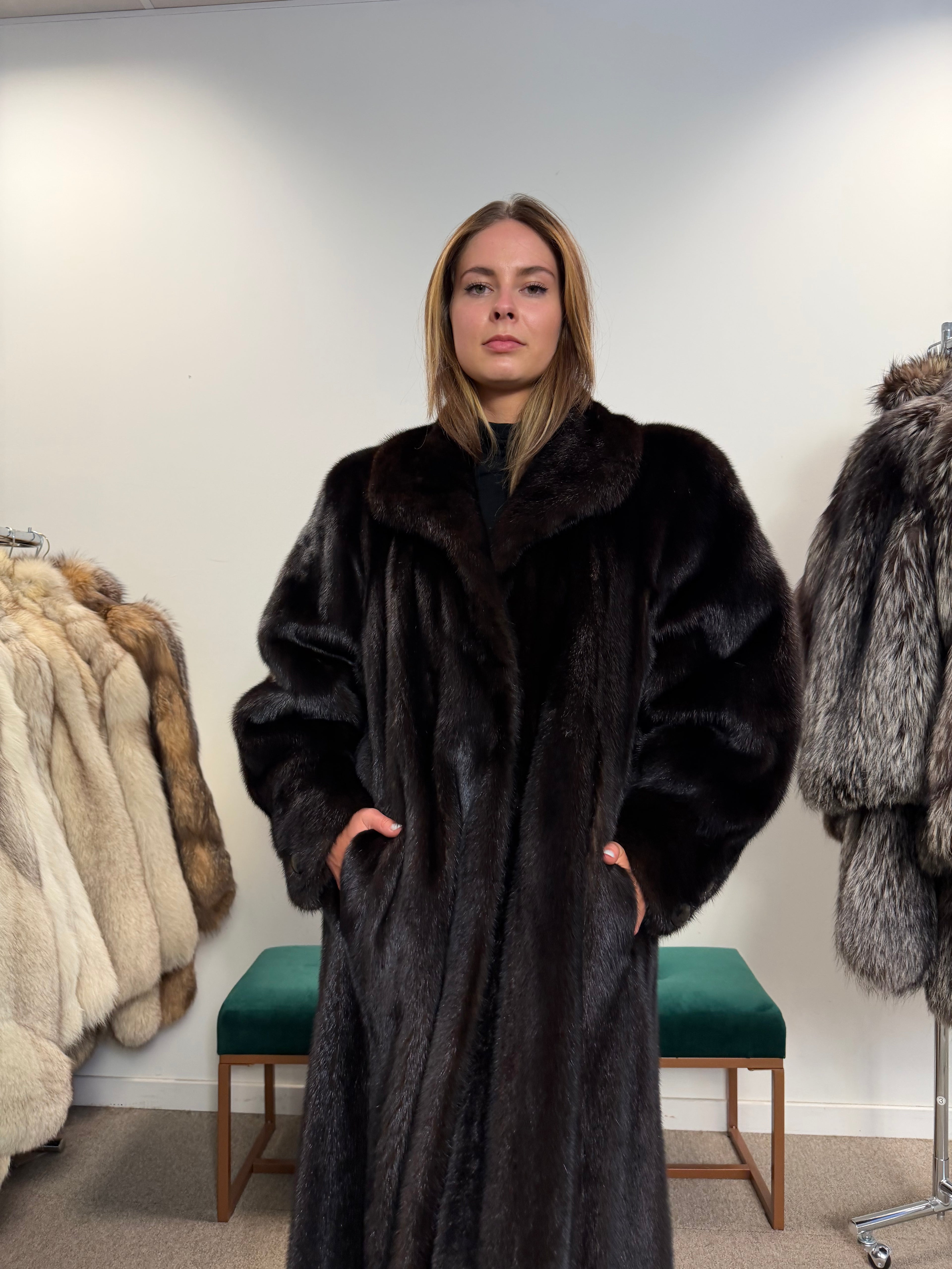 Luxury Mink Fur Coat, Dark Brown, Extra Long, Size L