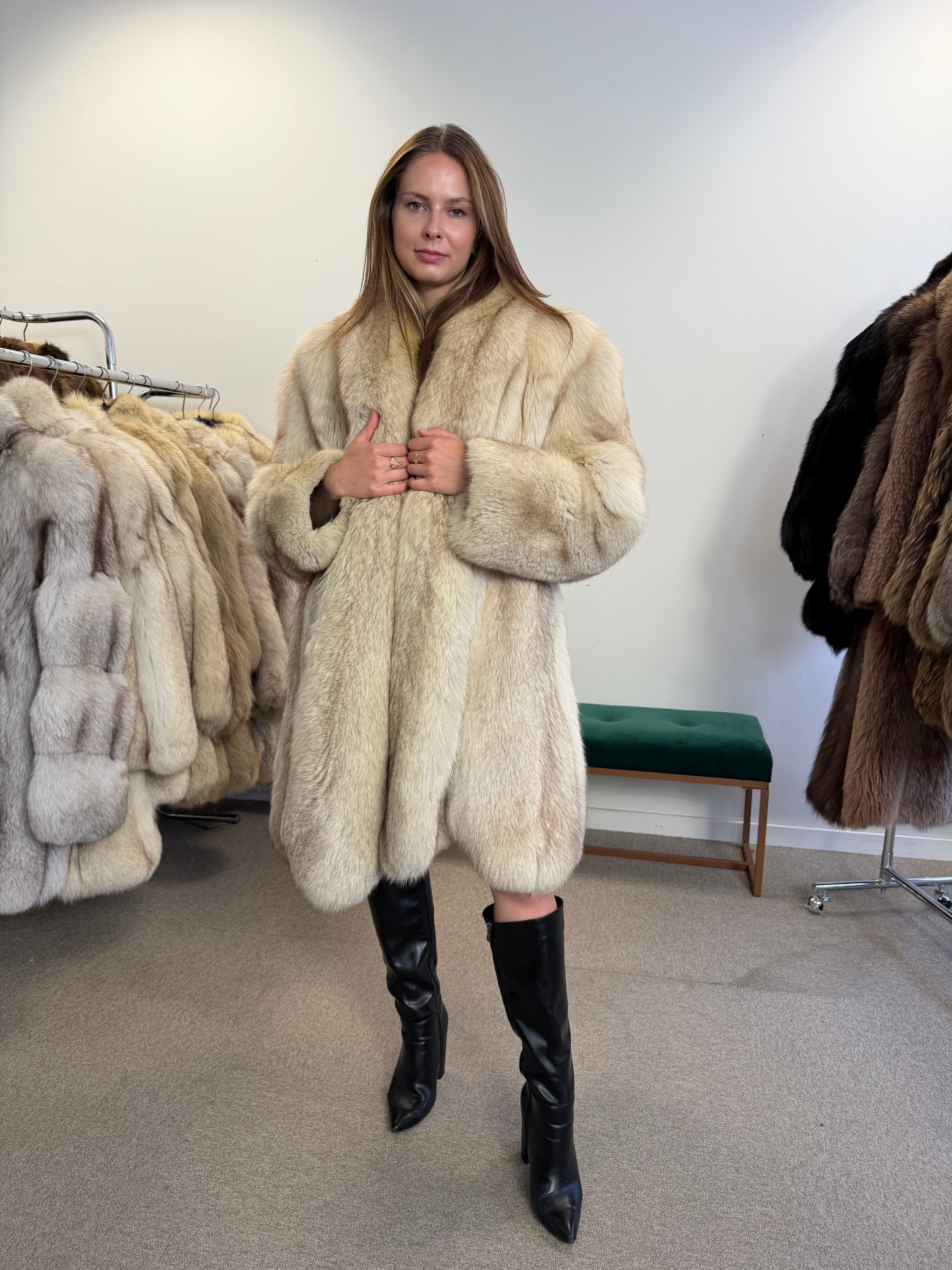 Fox Fur Coat, White Nordic, Fur Collar, Size XL