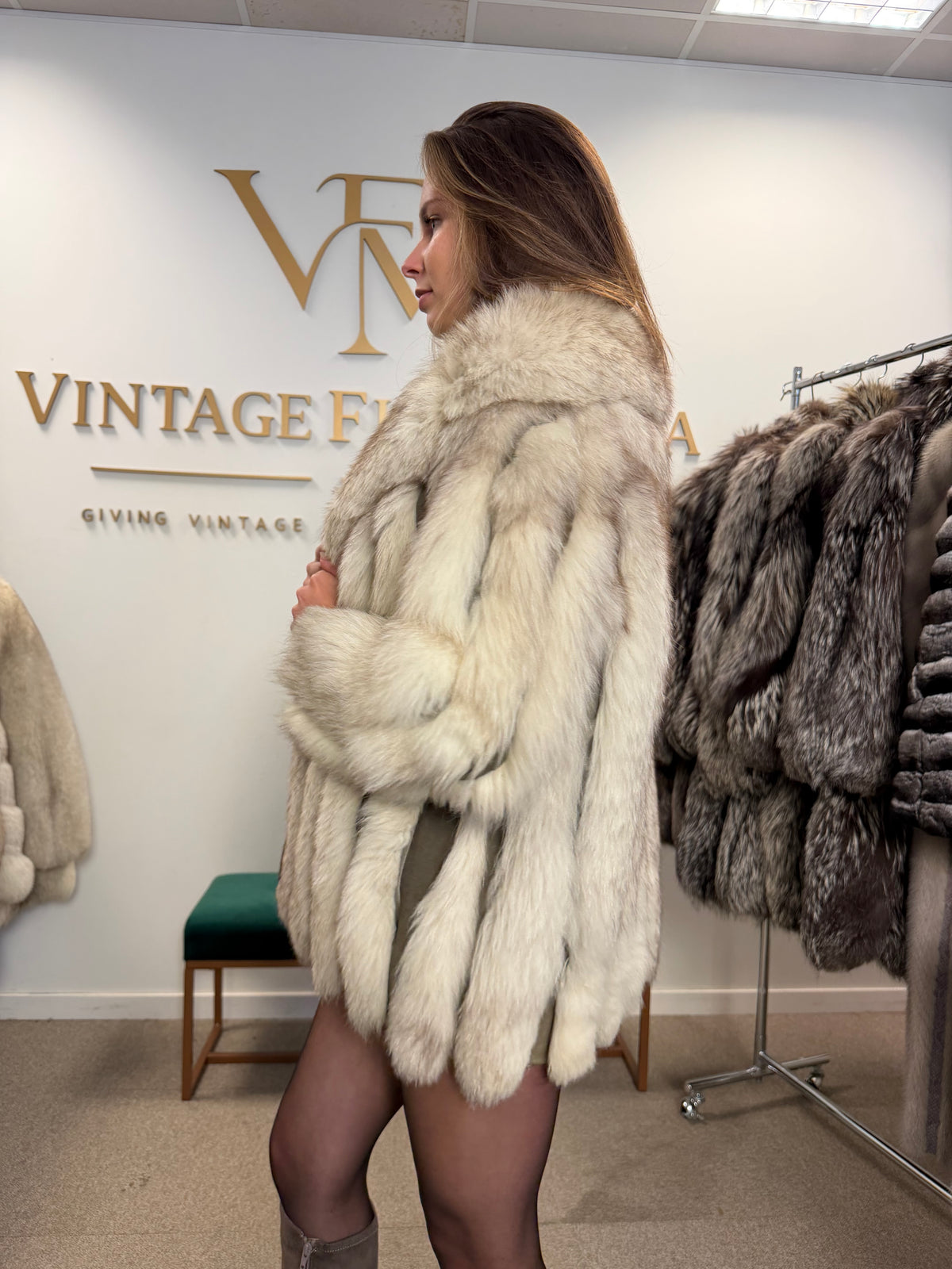 White Fox Fur Coat, Small-Medium, Leather, Outlet
