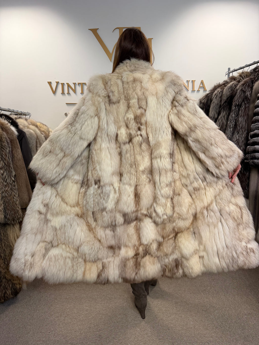 White Fox Fur Coat, Full Length, Pieced, Slim Medium