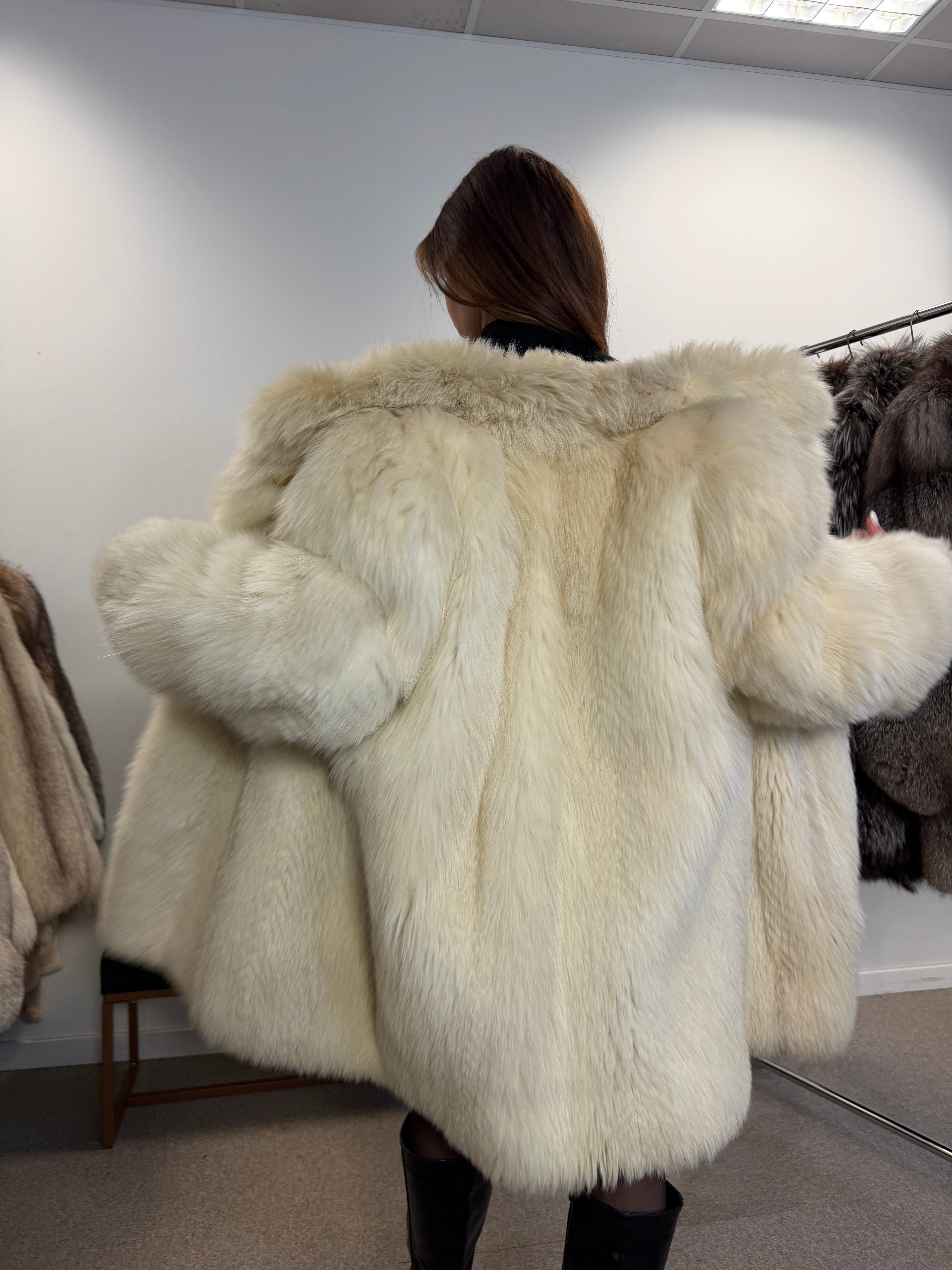 White Arctic Fox Real Fur Coat, Size XL