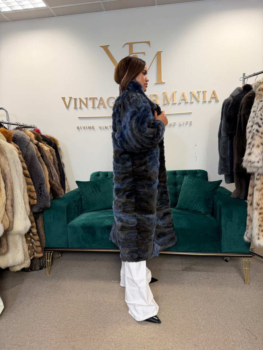 Blue & Black Dyed Fox Fur Coat, Large, Pieced