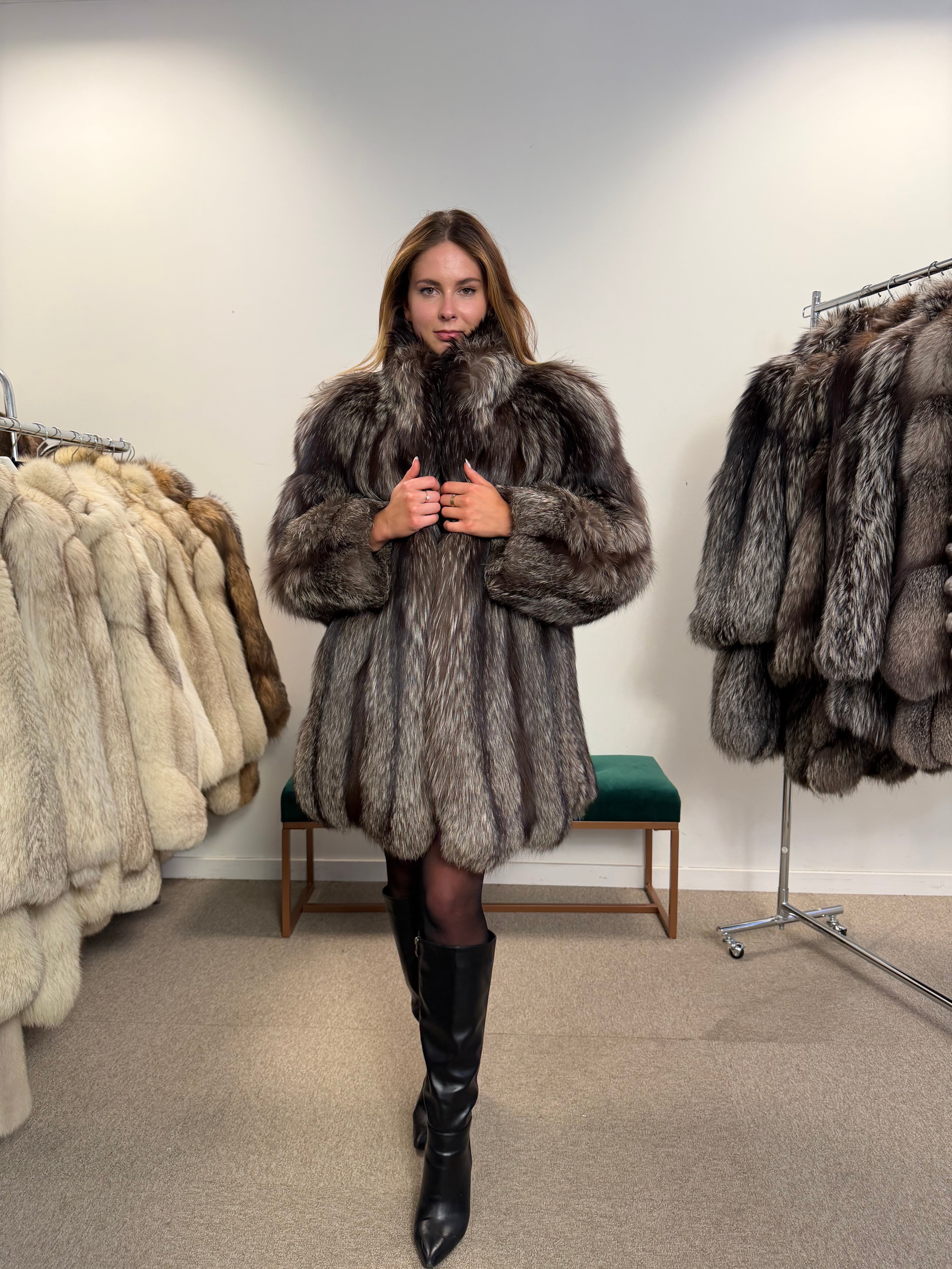 Silver Fox Real Fur Coat, Size L, Stand Up Collar