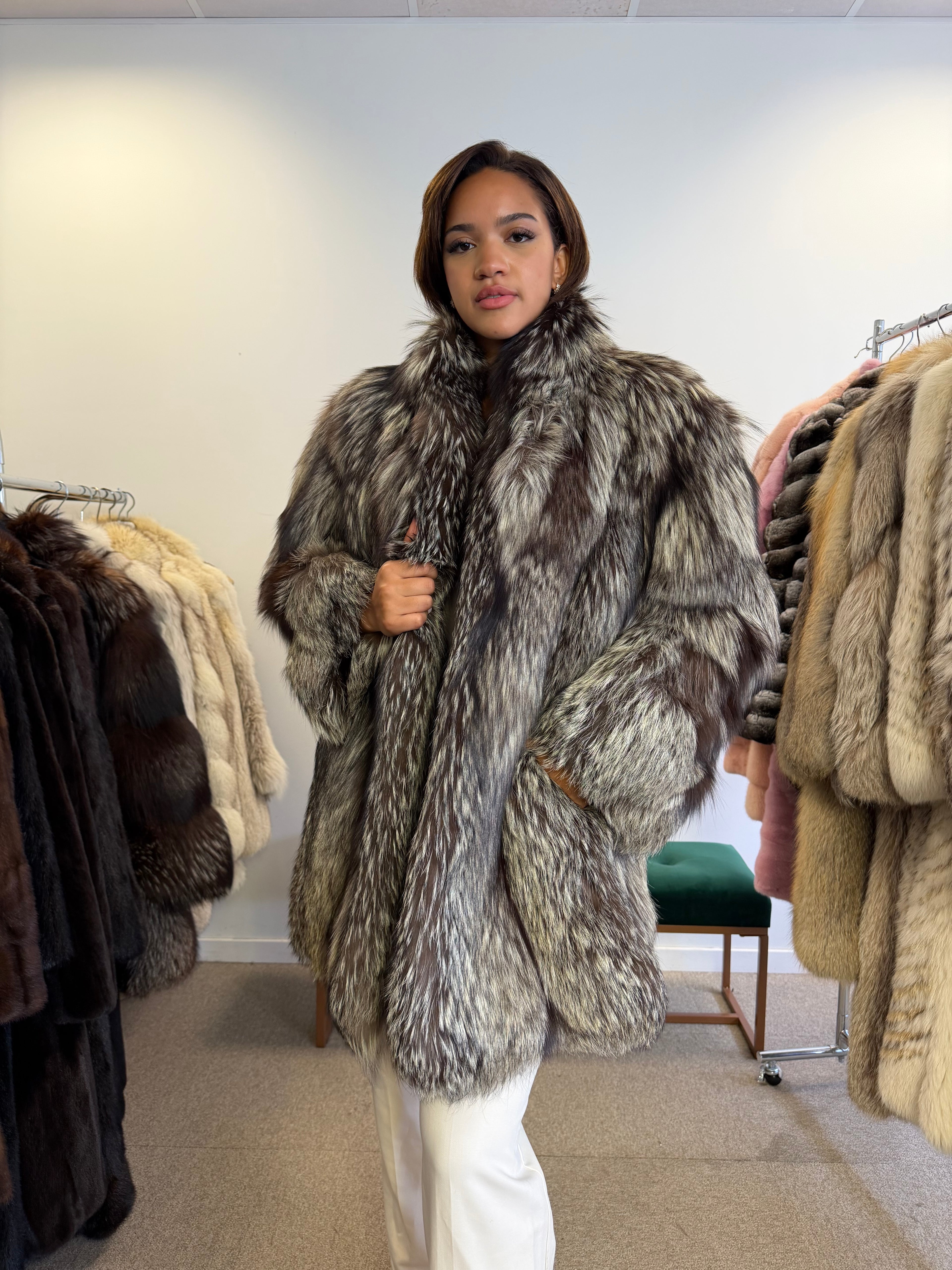 Silver Fox Fur Coat, Bright, Size L