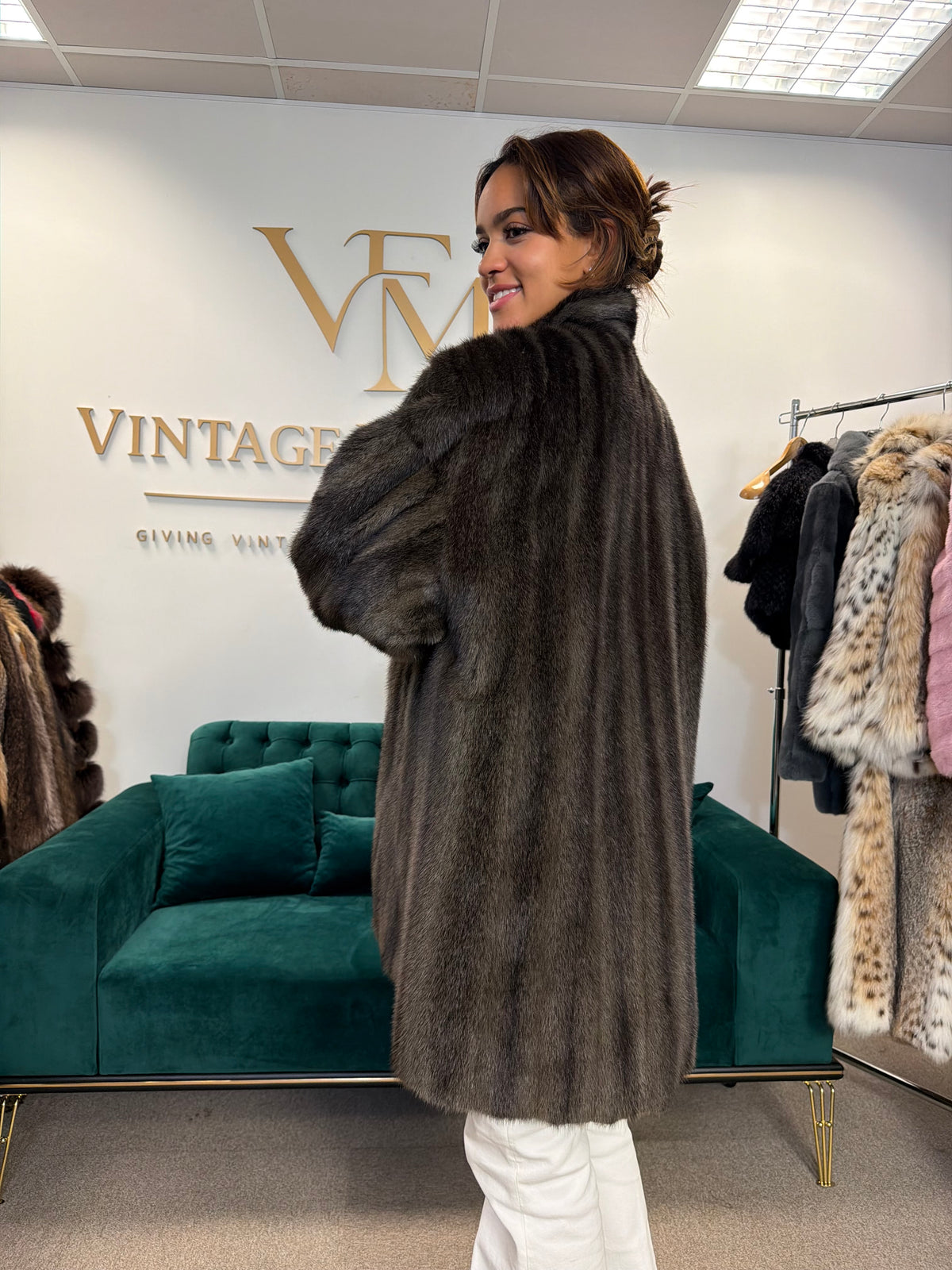 Dark Green Dyed Cross Mink Fur Jacket, 3XL, Oversize