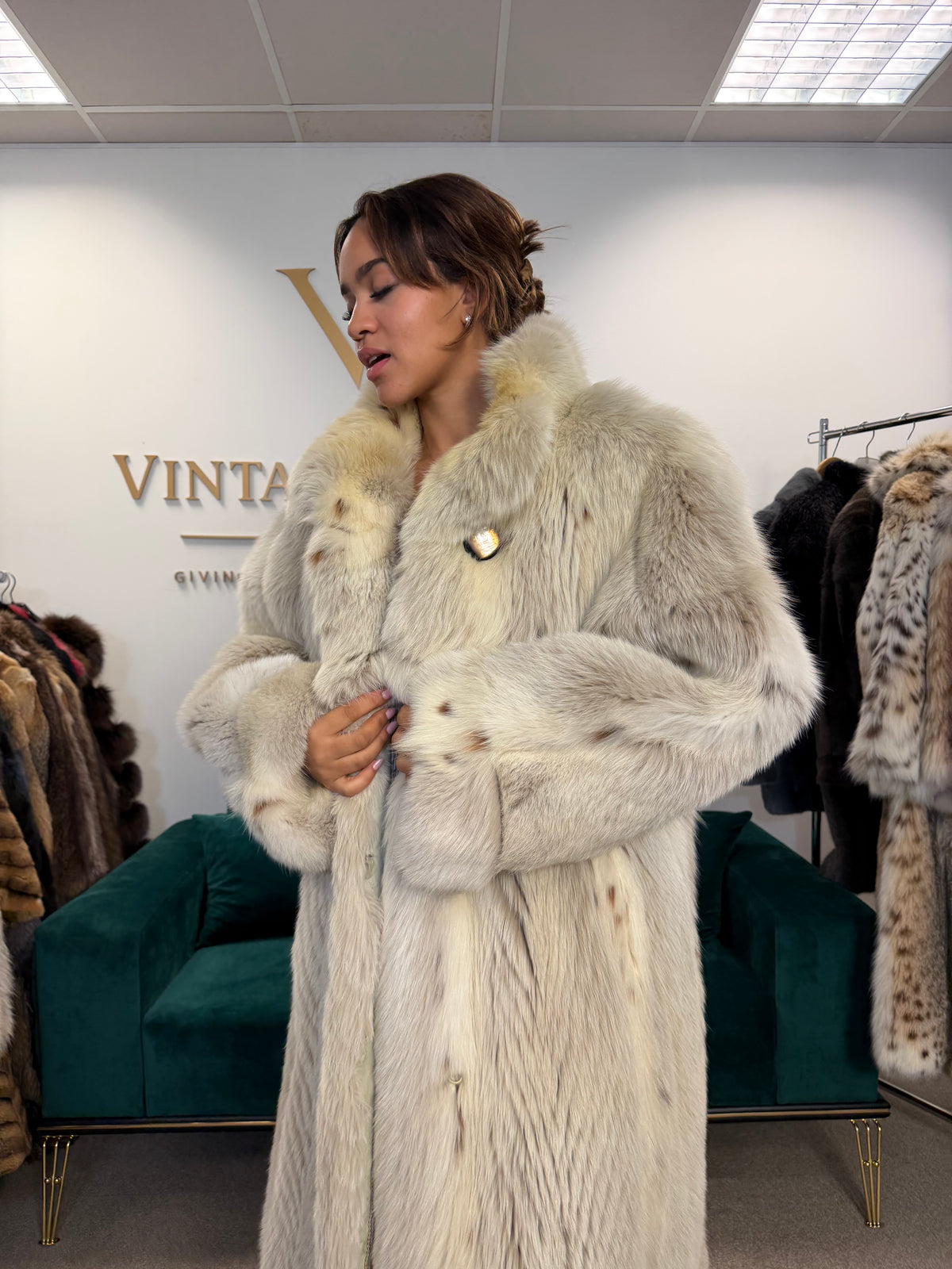 White Lynx Fox Fur Coat, Large, Full Length