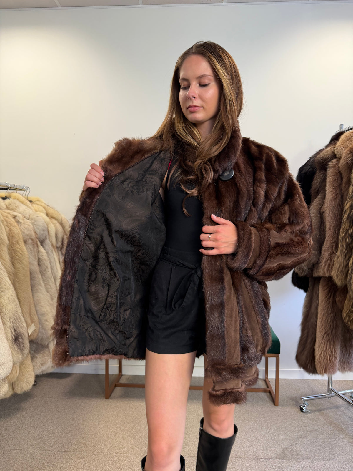 Brown Faux Mink Fur Jacket, Butterfly Style, Fits Large