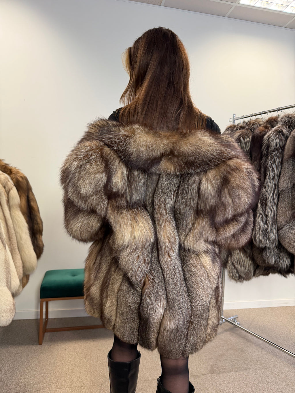 Crystal Fox Real Fur Coat, Size L, Frost White