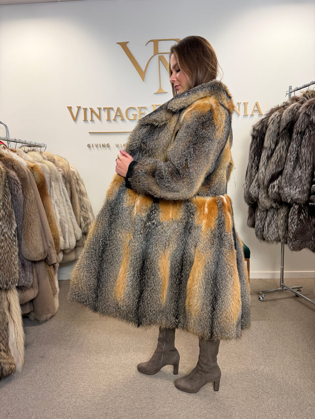 Grey Fox Fur Coat, Small, Black Leather