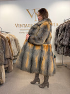 Grey Fox Fur Coat, Small, Black Leather