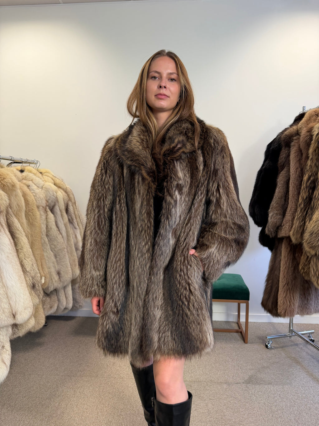 Raccoon Fur Coat, Luxury Lining, Size M