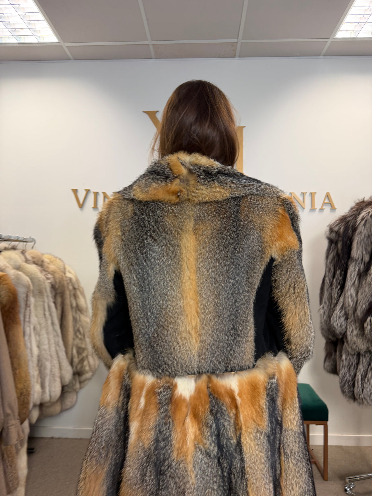 Grey Fox Fur Coat, Small, Black Leather