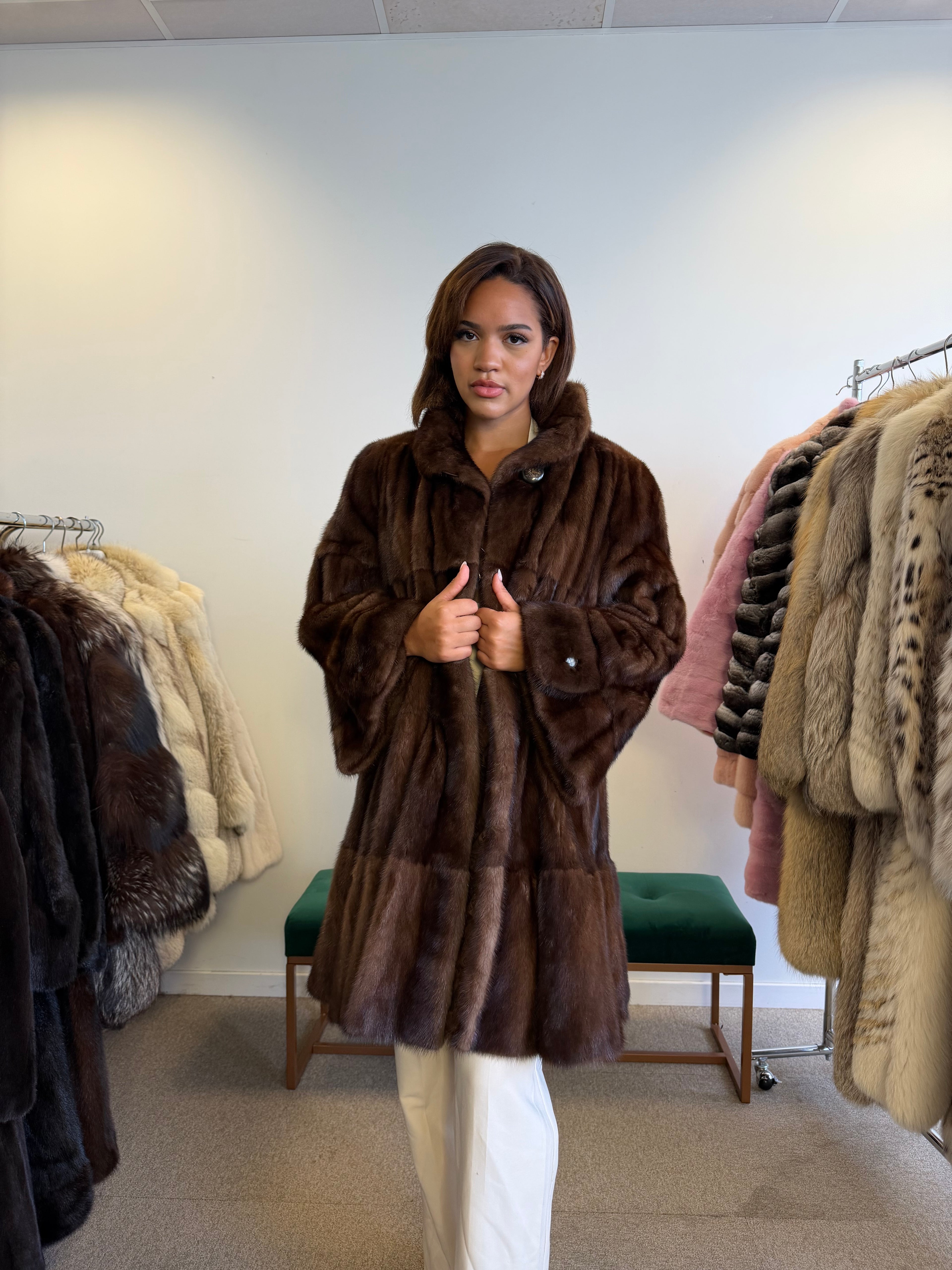 Mink Fur Coat, Brown Swinger, One Size