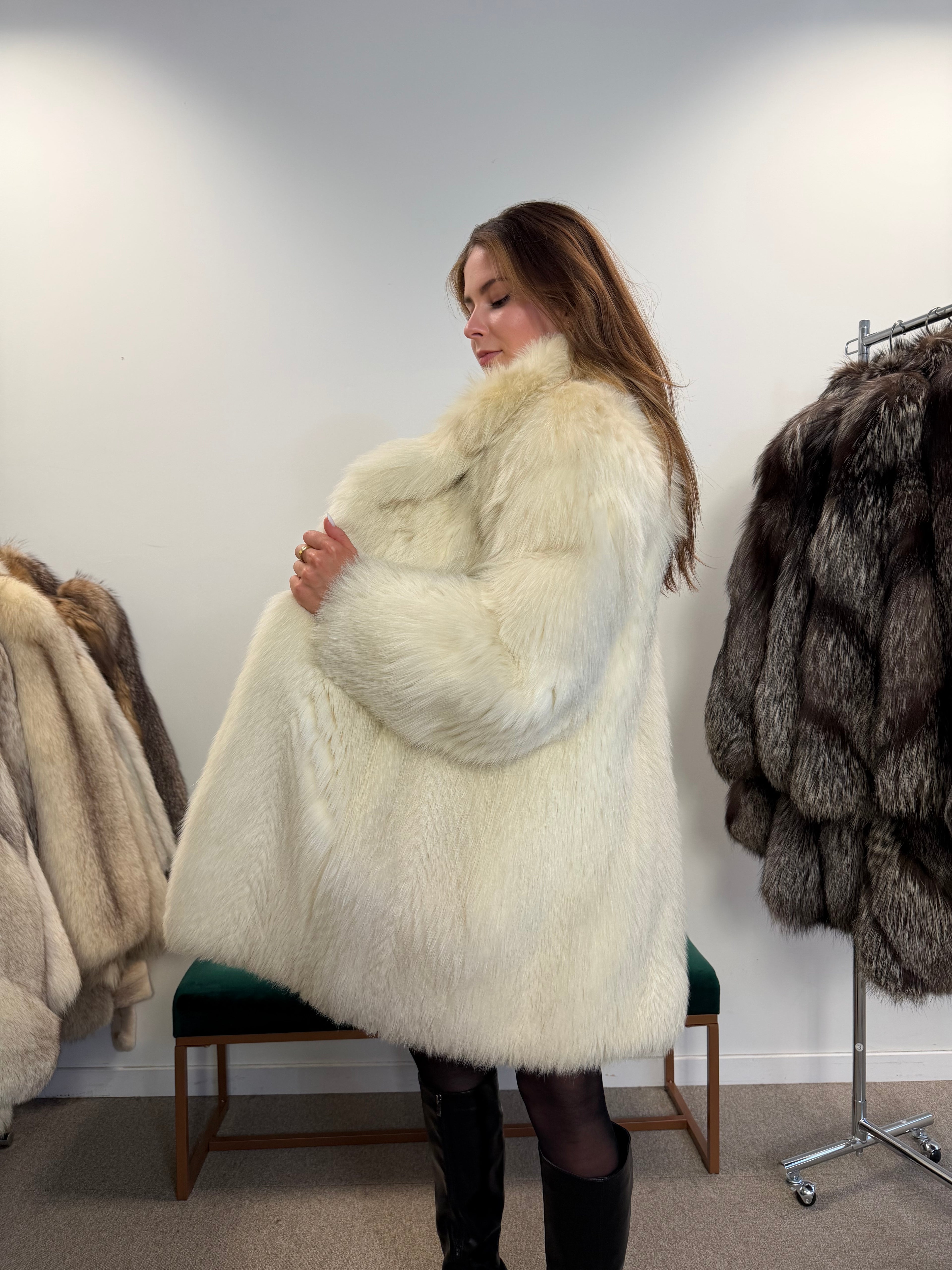 White Arctic Fox Real Fur Coat, Size XL