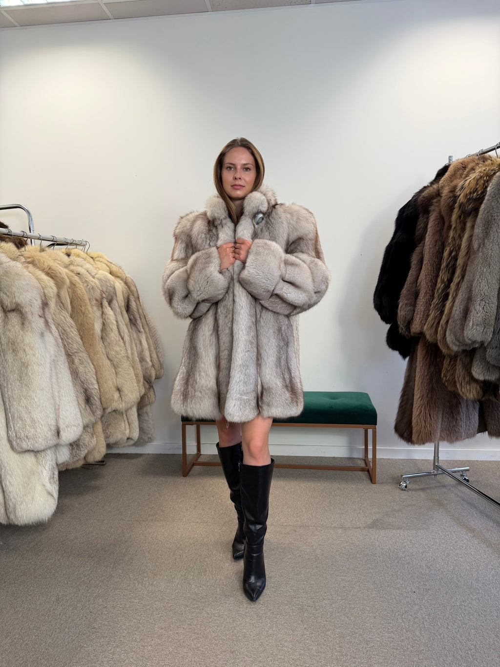 Blue Fox Fur Coat, Bright White, Size M