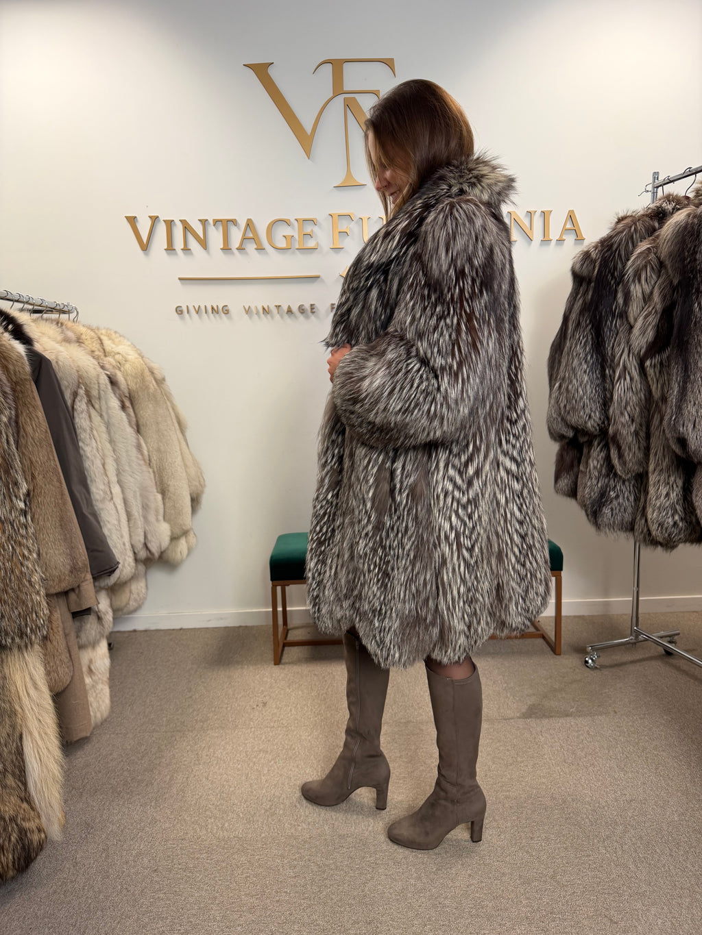Silver Fox Fur Coat, Large, SAGA, Swinger, Trimmed