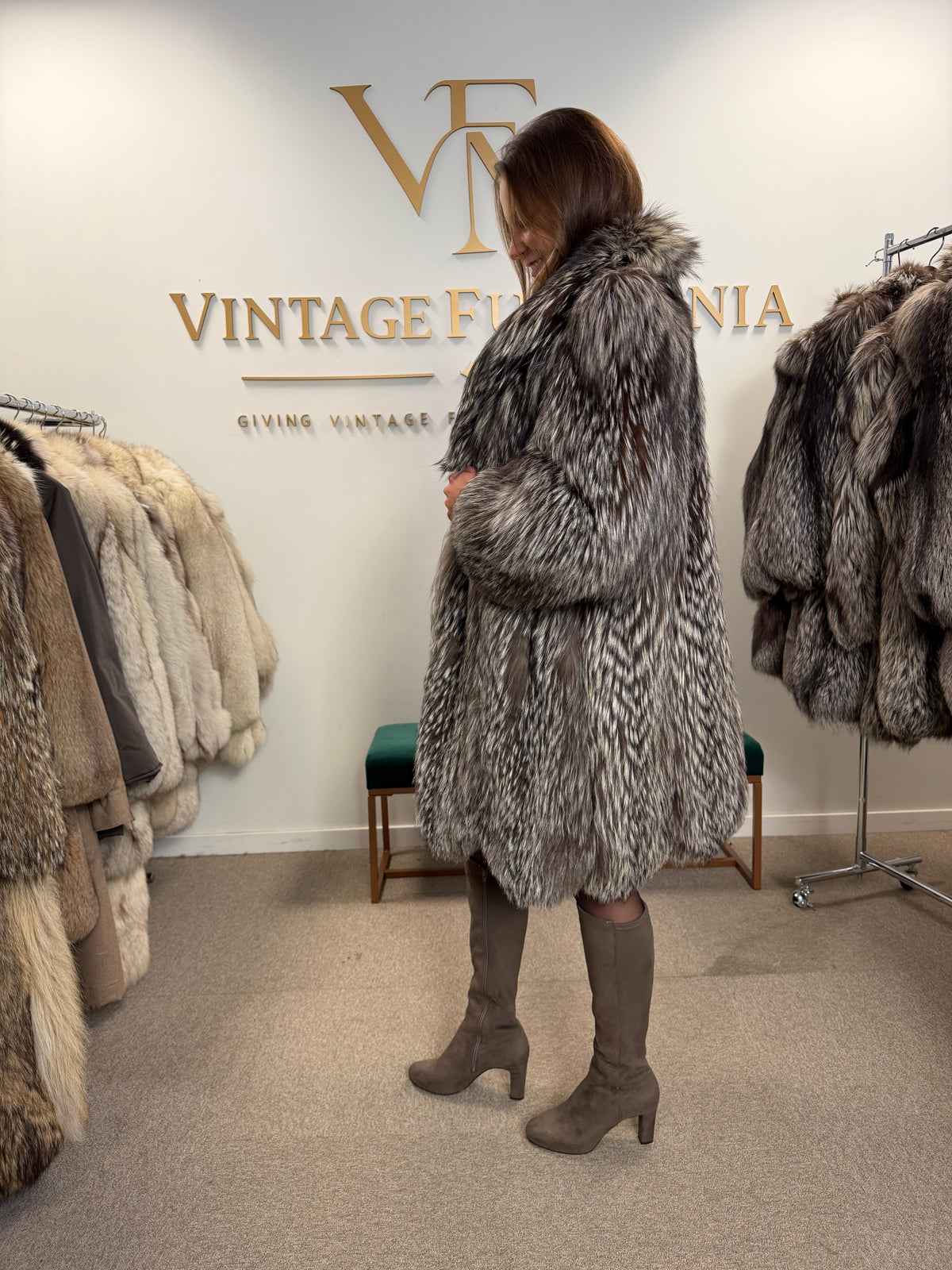 Silver Fox Fur Coat, Large, SAGA, Swinger, Trimmed