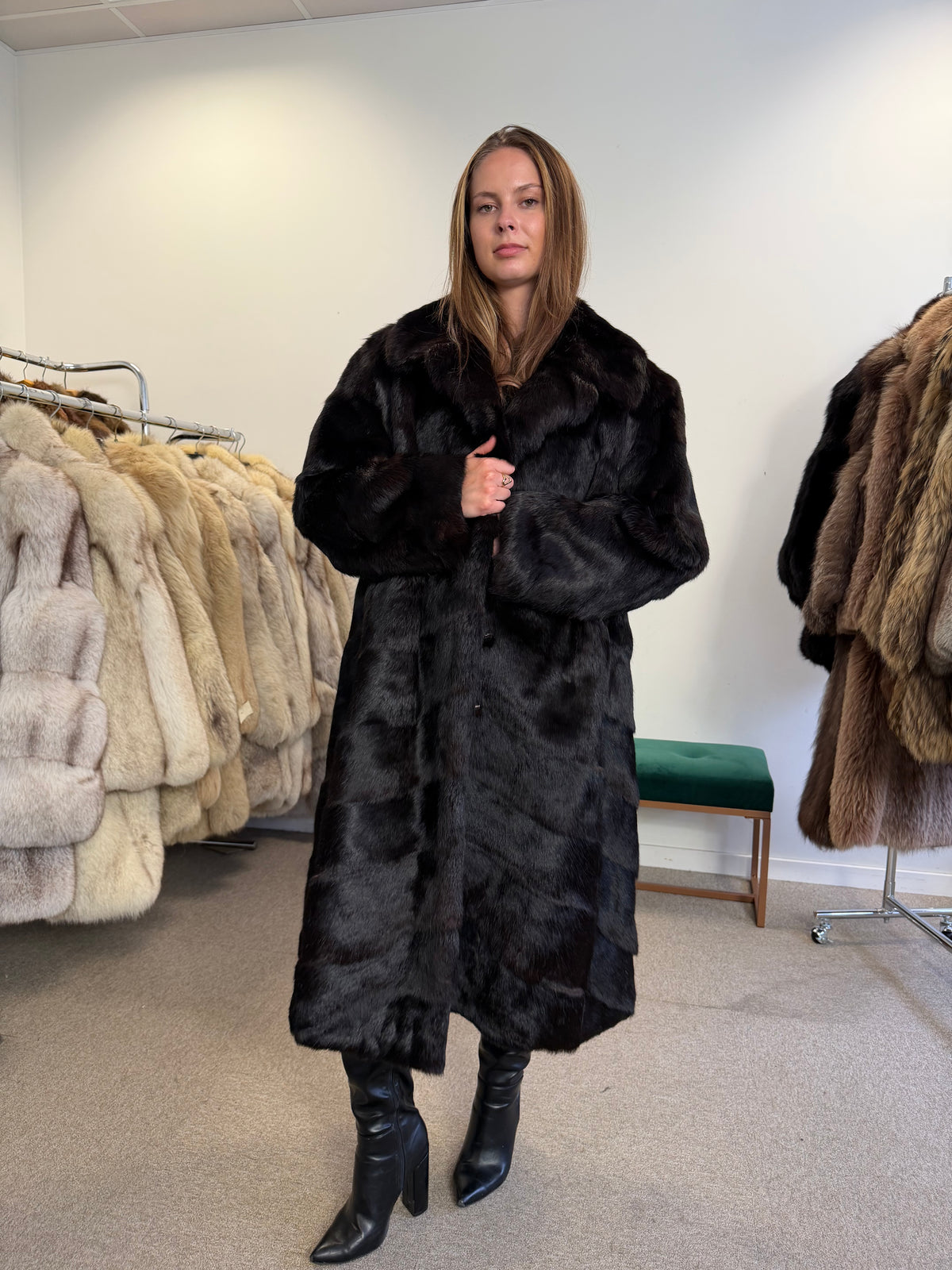 Black Rabbit Fur Coat, Large, Full Length, Soft