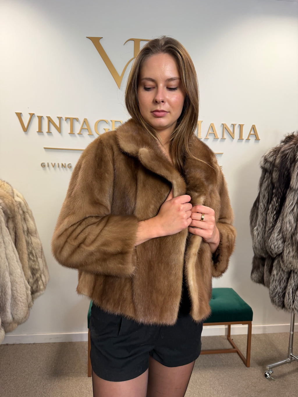 Light Beige Mink Fur Jacket, Medium, Short Sleeves