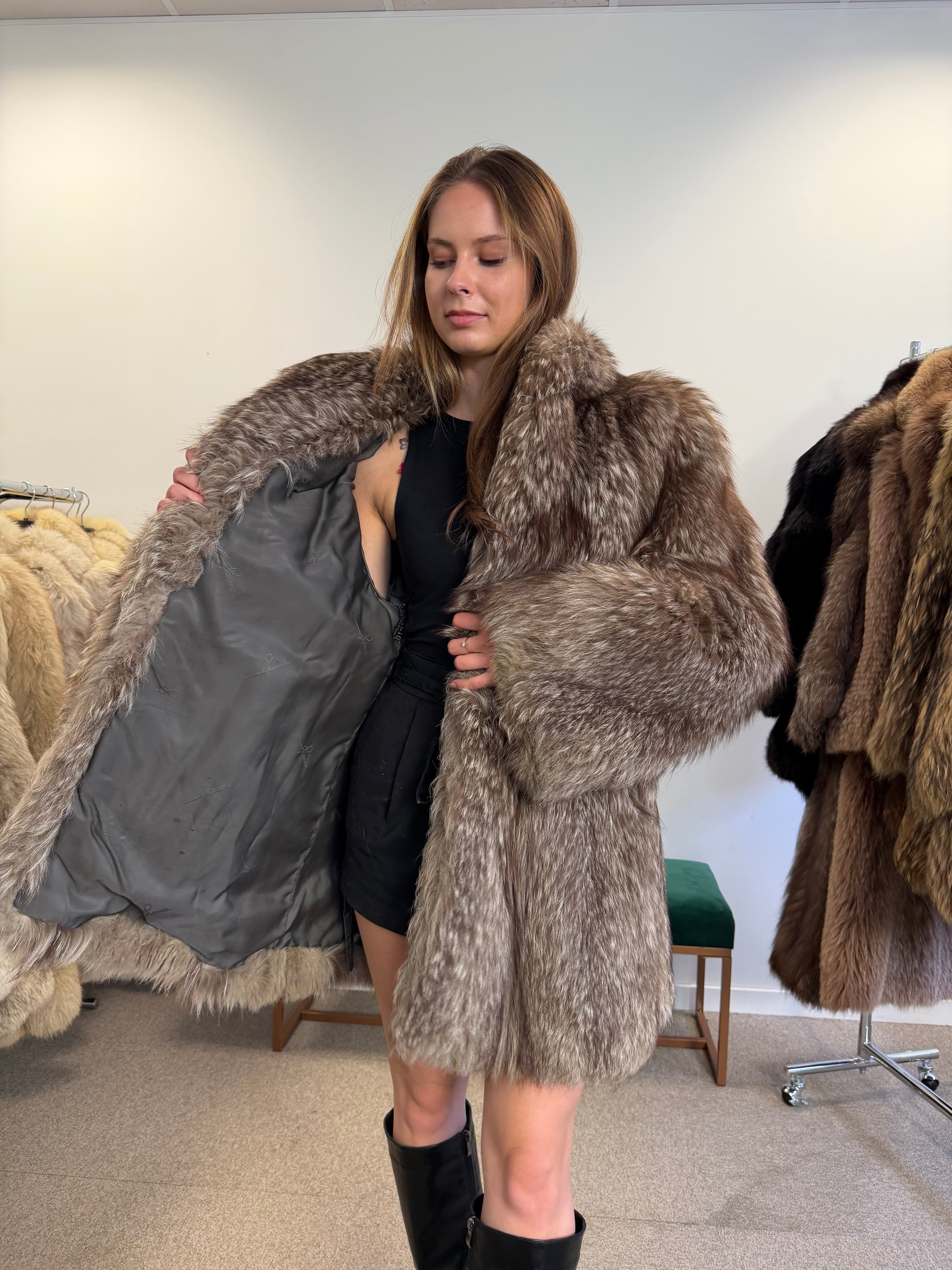 Real Silver Fox Fur Coat, Hip Length, Size L