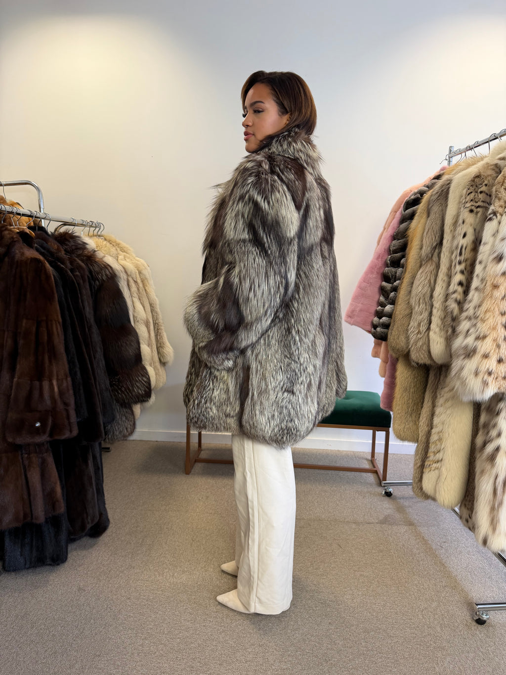 Silver Fox Fur Coat, Bright, Size L