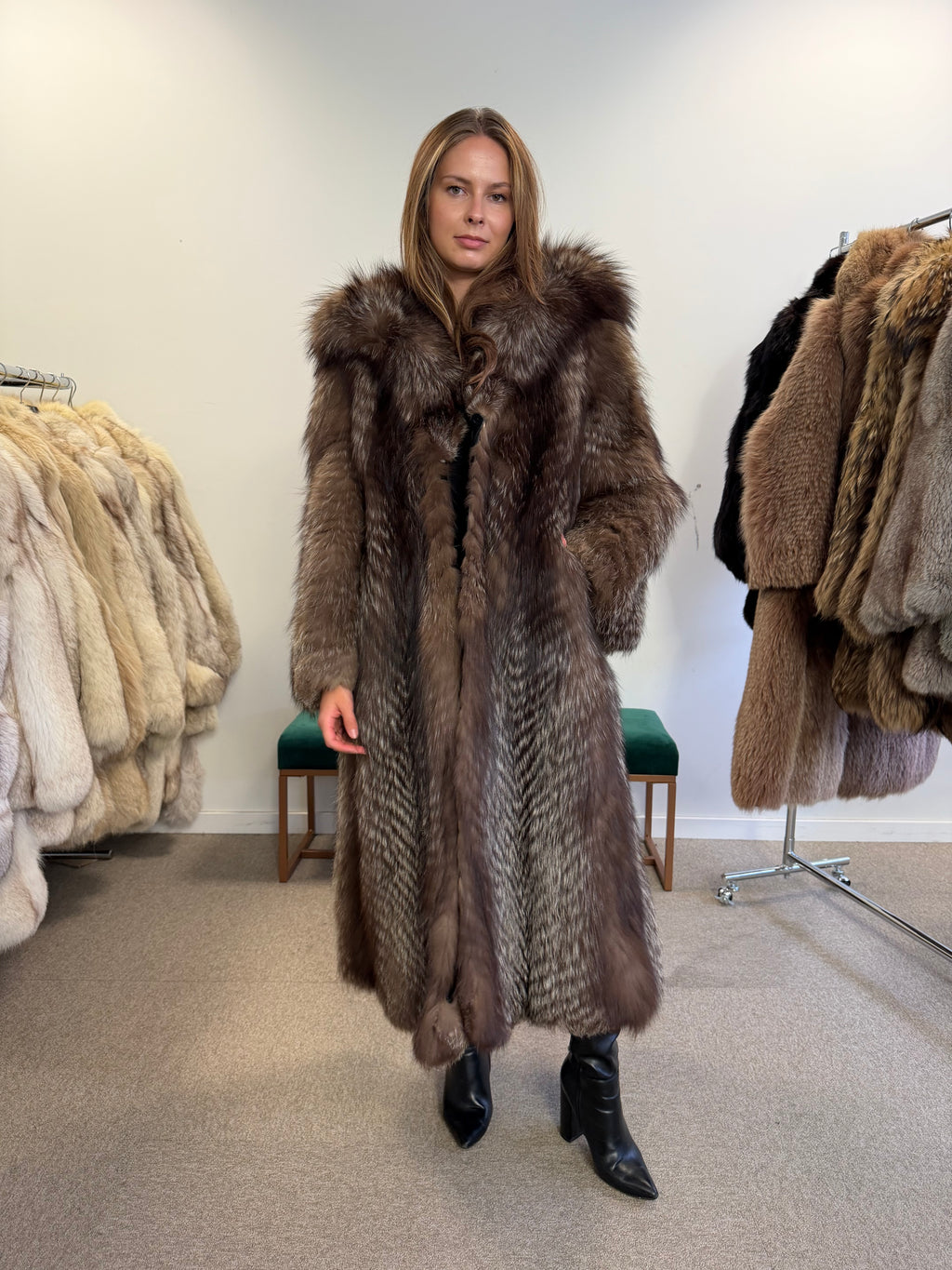 Silver Fox Fur Coat, Full Length, Size M