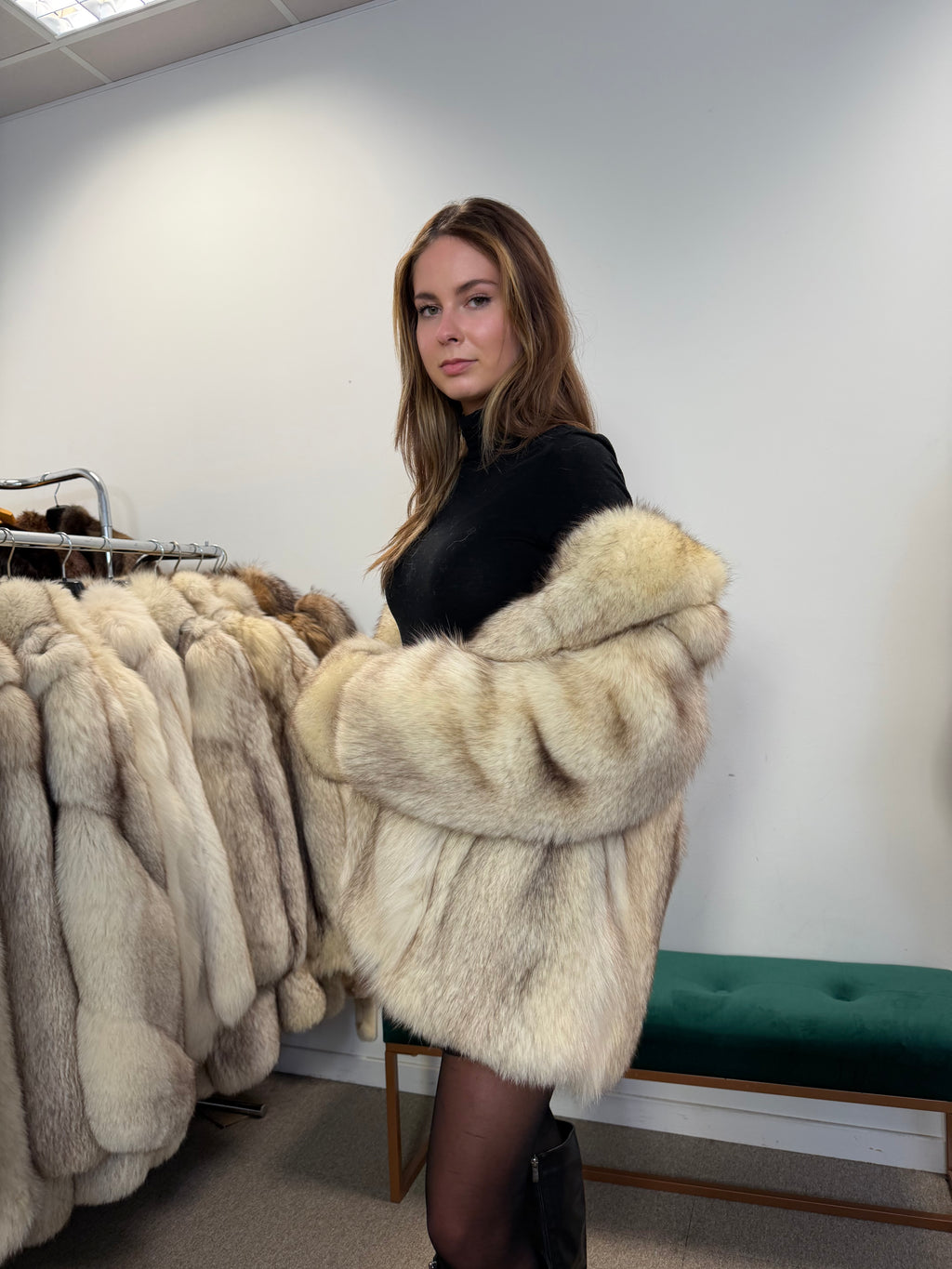 White Nordic Fox Real Fur Jacket, Size M