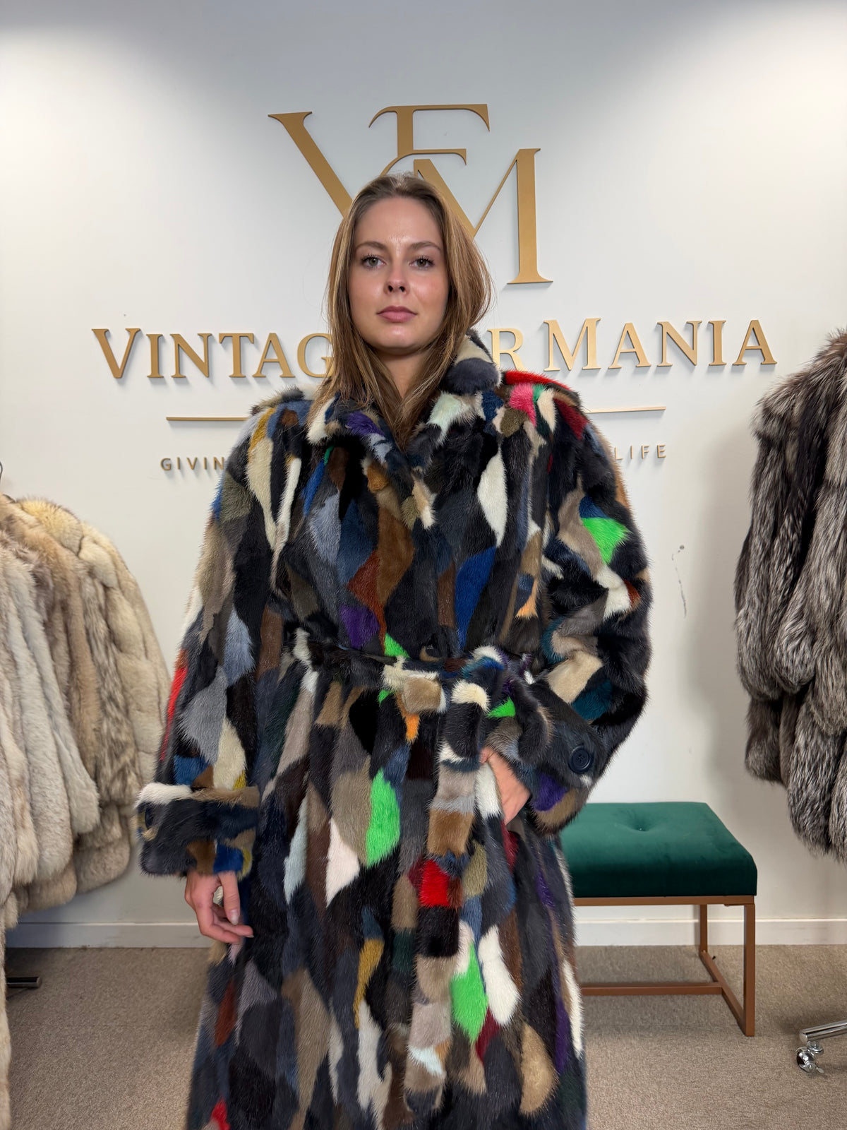 Mixed Colour Dyed Mink Fur Coat, XL, Full Length, Belted