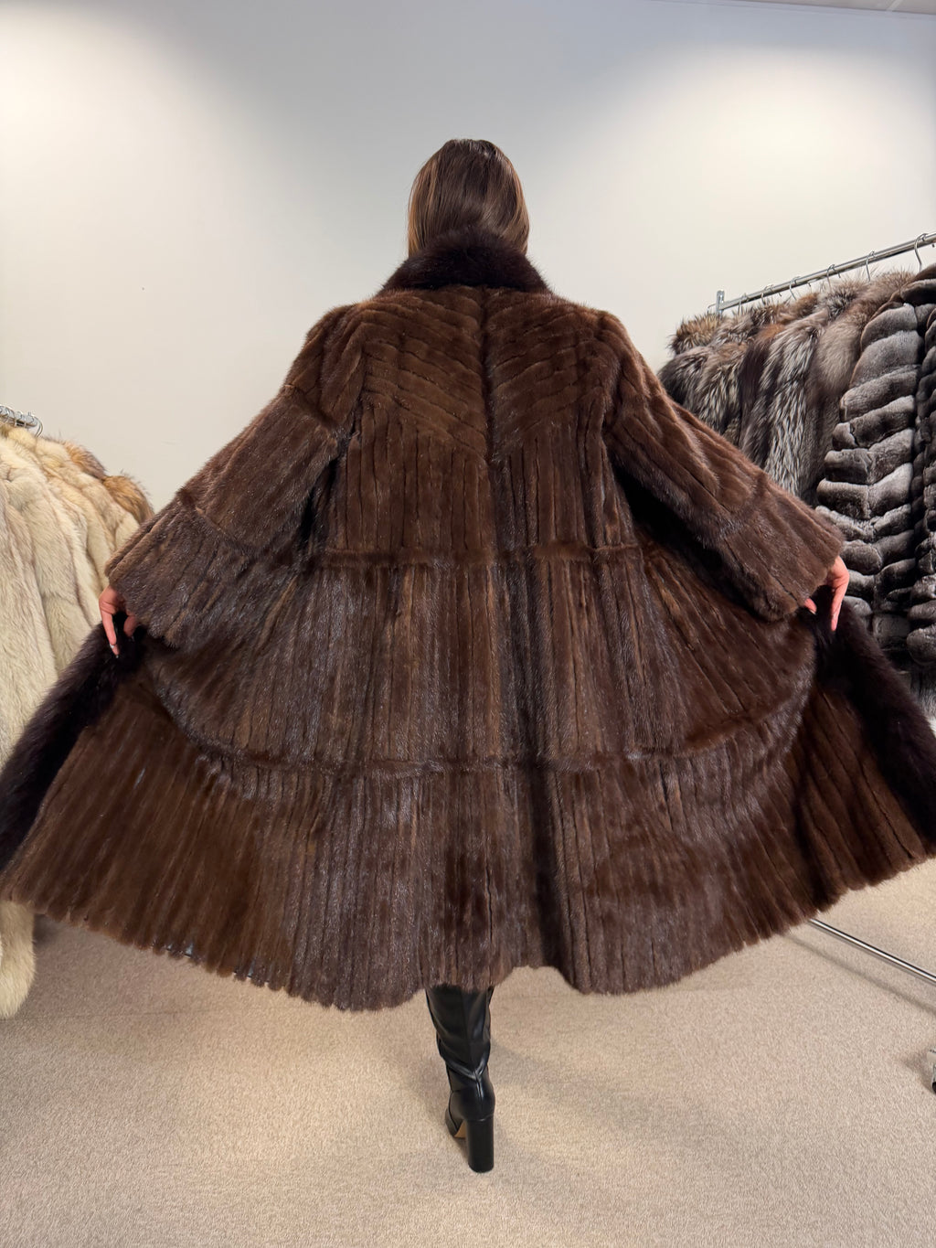 Brown Mink Fur Coat, Fox Collar, Size M